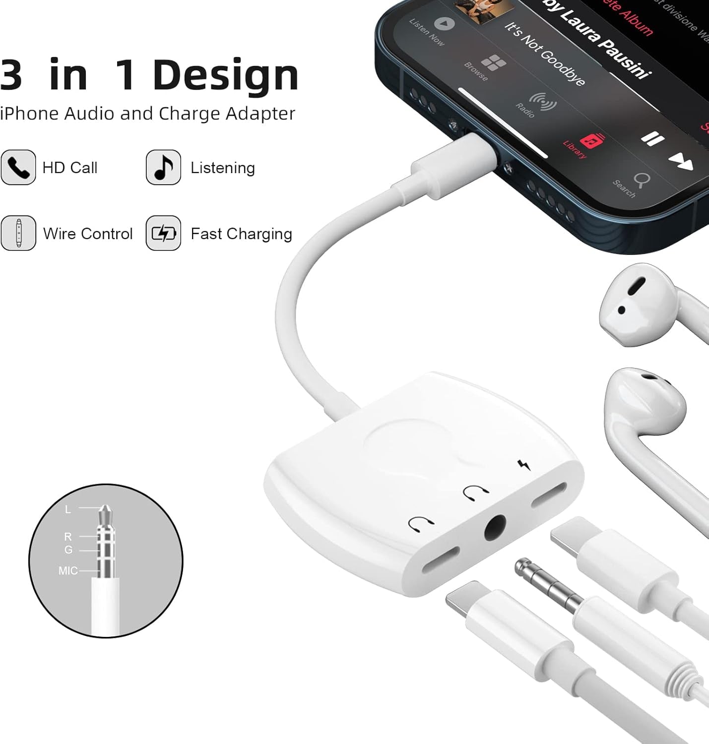 Lightning to 3.5Mm Headphone Jack Audio Adapter & Splitter & Cable for Iphone, Headphone Splitter for Iphone 14/13/12/Se/11/Xs/Xr/X/8 7, Support Ios 15