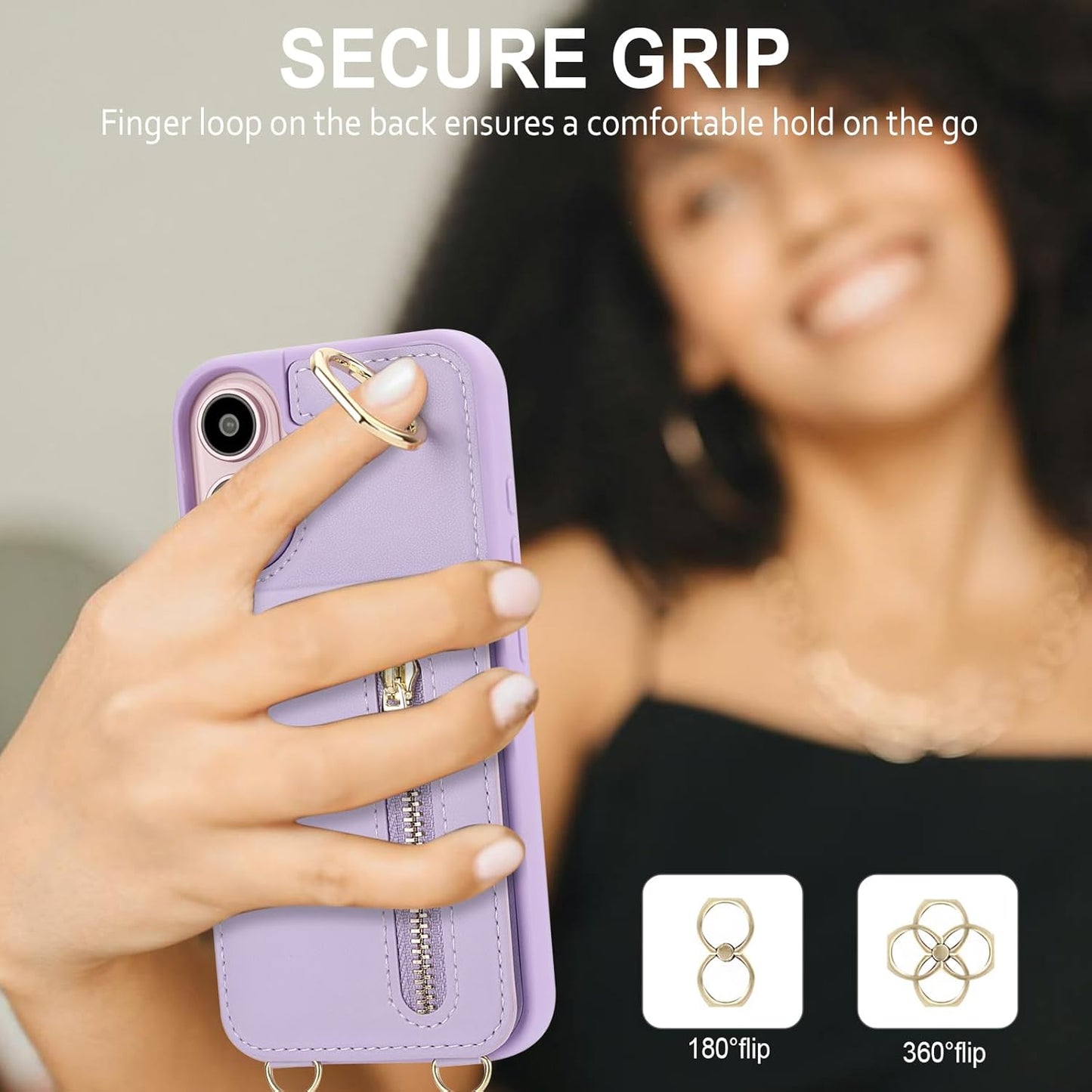 Crossbody Wallet Case for Iphone 16 Plus, with Card Slots Zipper Pocket Case, Flip Folio Purse RFID Blocking with Ring Kickstand Detachable Strap-Purple