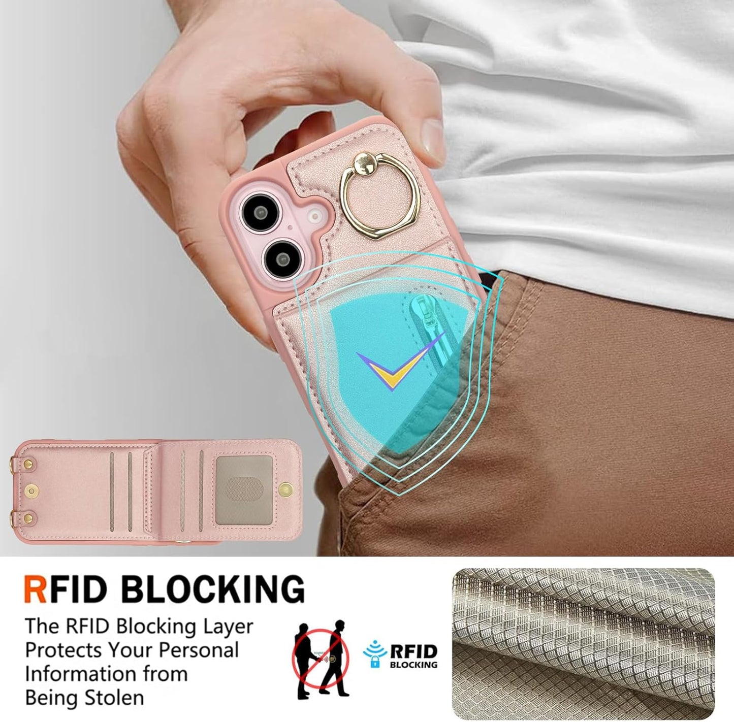 Crossbody Wallet Case for Iphone 16 Plus, with Card Slots Zipper Pocket Case, Flip Folio Purse RFID Blocking with Ring Kickstand Detachable Strap-Pink