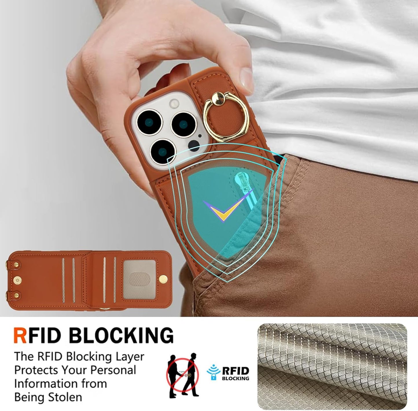 Crossbody Wallet Case for Iphone 16 Pro Max, with Card Slots Zipper Pocket Case, Flip Folio Purse RFID Blocking with Ring Kickstand Detachable Strap-Brown