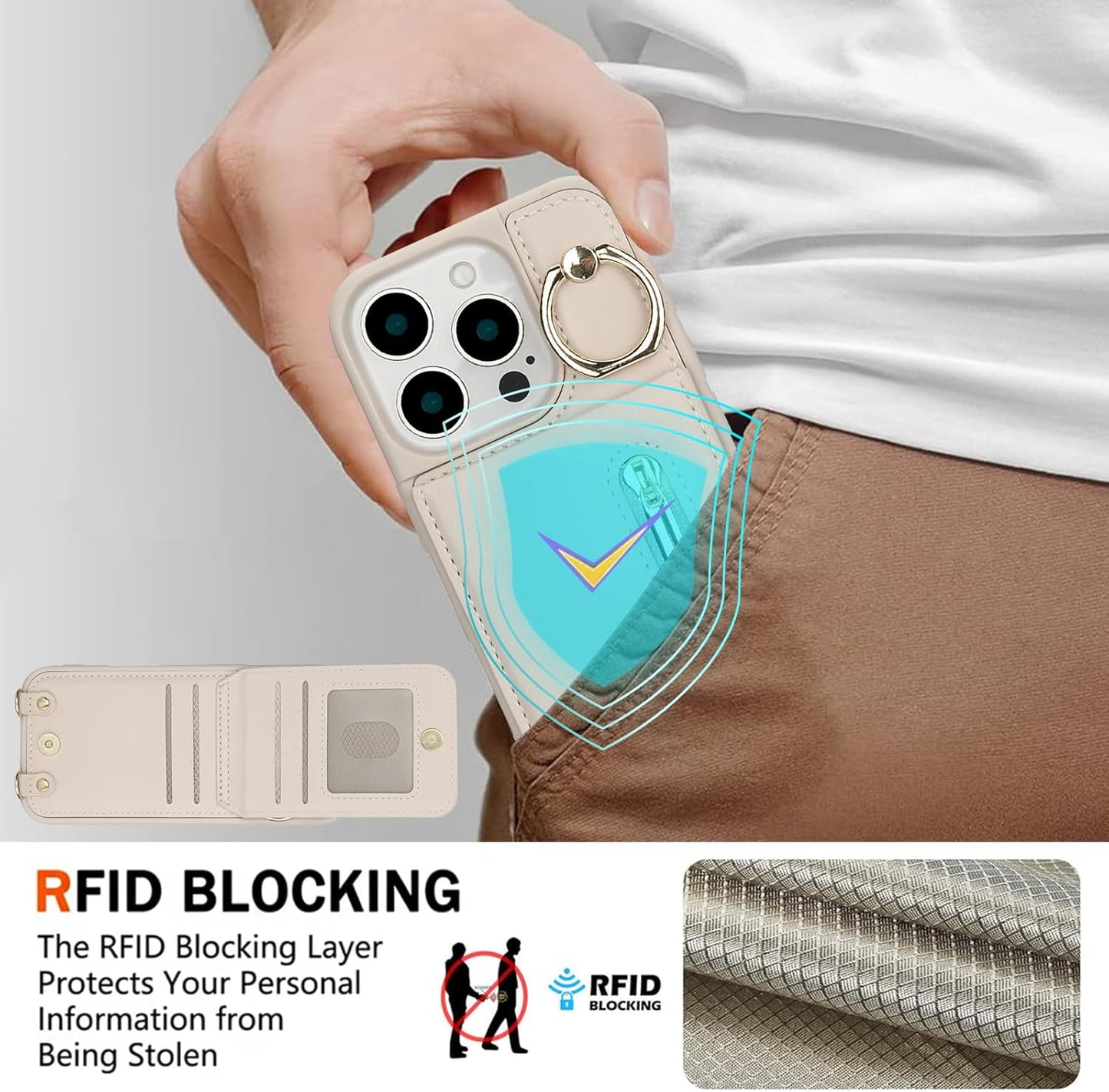 Crossbody Wallet Case for Iphone 16 Pro Max, with Card Slots Zipper Pocket Case, Flip Folio Purse RFID Blocking with Ring Kickstand Detachable Strap-Beige