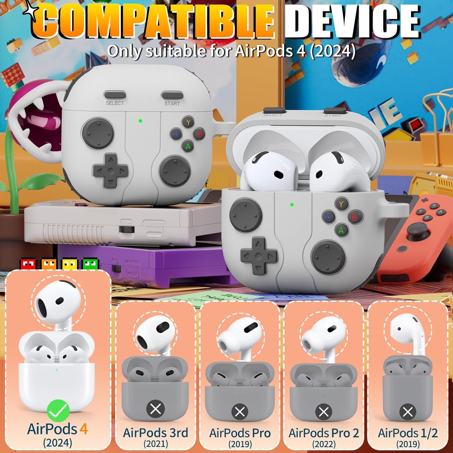 Classic Game Case for Apple Airpod 4, Silicone Funny Airpod Case 4Th Generation for Men Boys, Compatible with Airpods 4 Cover with Cleaning Kit, Air Pod 4 Case with Keychain, Rock Gray
