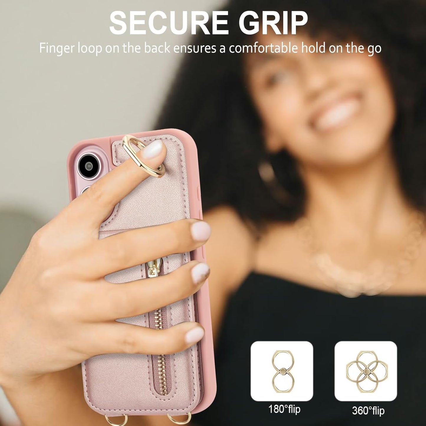 Crossbody Wallet Case for Iphone 16 Plus, with Card Slots Zipper Pocket Case, Flip Folio Purse RFID Blocking with Ring Kickstand Detachable Strap-Pink