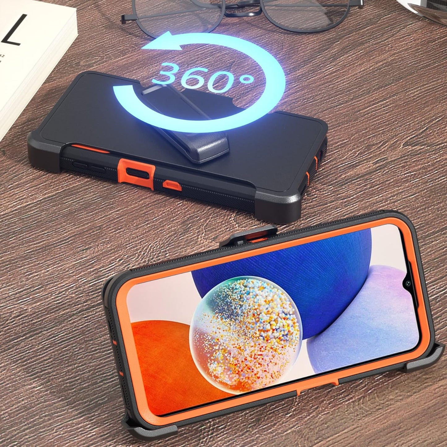 Phone Case for Samsung Galaxy A14 5G Case,Heavy Duty Hard Shockproof Armor Protector Case Cover with Belt Clip Holster for Samsung A14 5G 2023 Phone Case (Black+Orange)