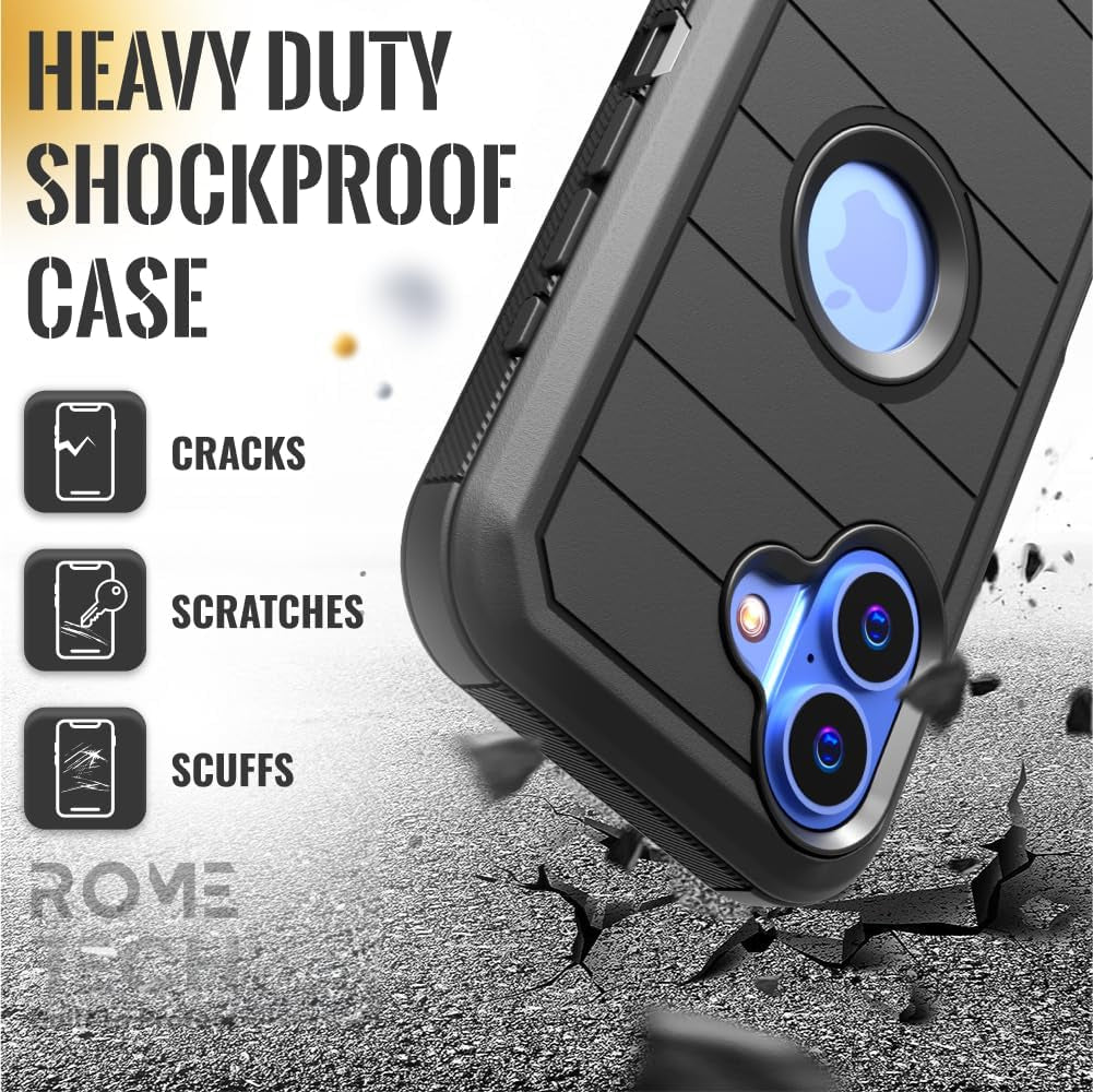 For Iphone 16 Case with Belt Clip Holster & Kickstand, Screenless Protective Dual-Layer Shockproof Iphone 16 Defender Case - Black