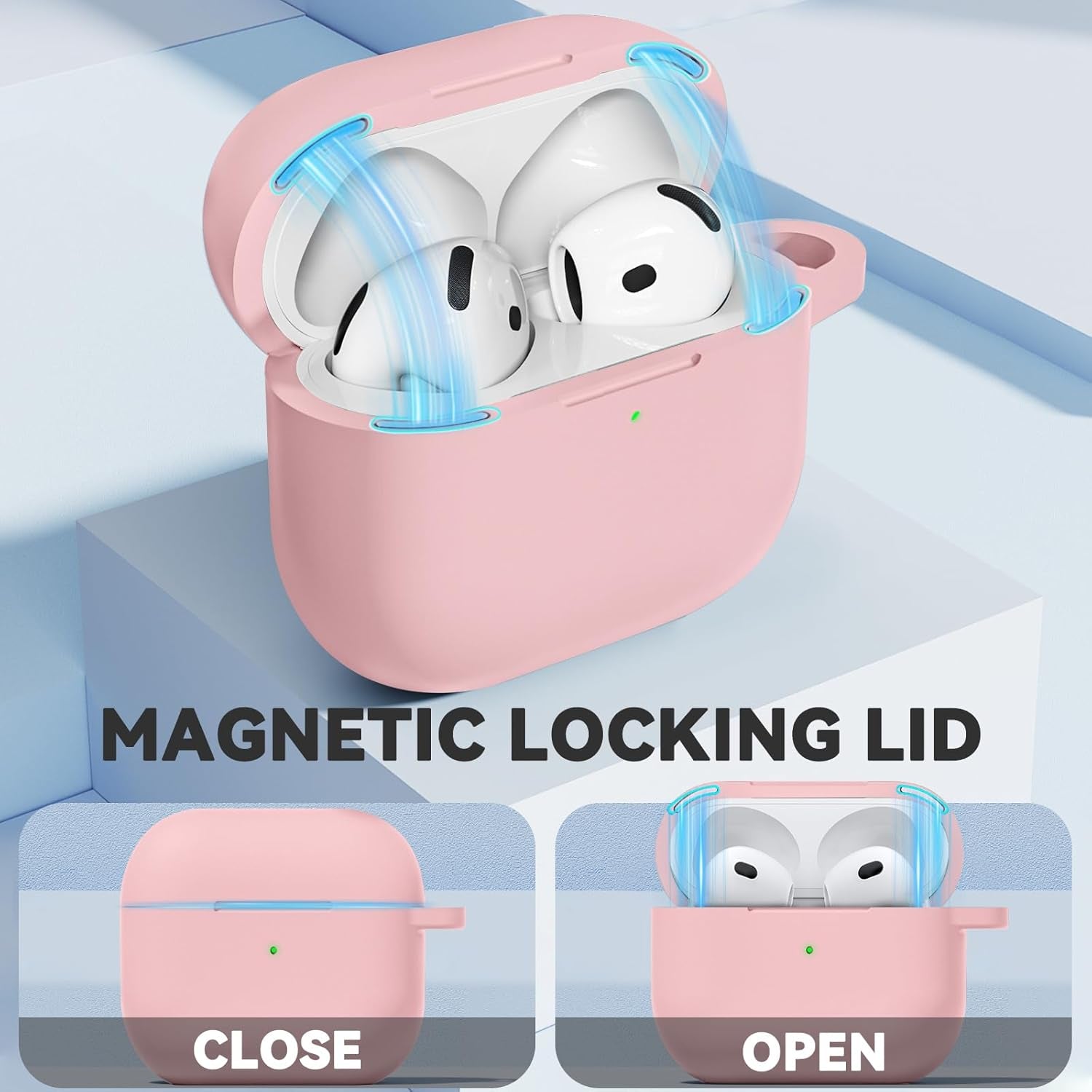 For Airpods 4 Case 2024 with Magnetic Lid Lock,Soft Silicone Protective Cover for Apple Airpods 4Th Generation Cases with Cleaner Kit,Airpod 4 Case Cover with Keychain for Women Men-Pink