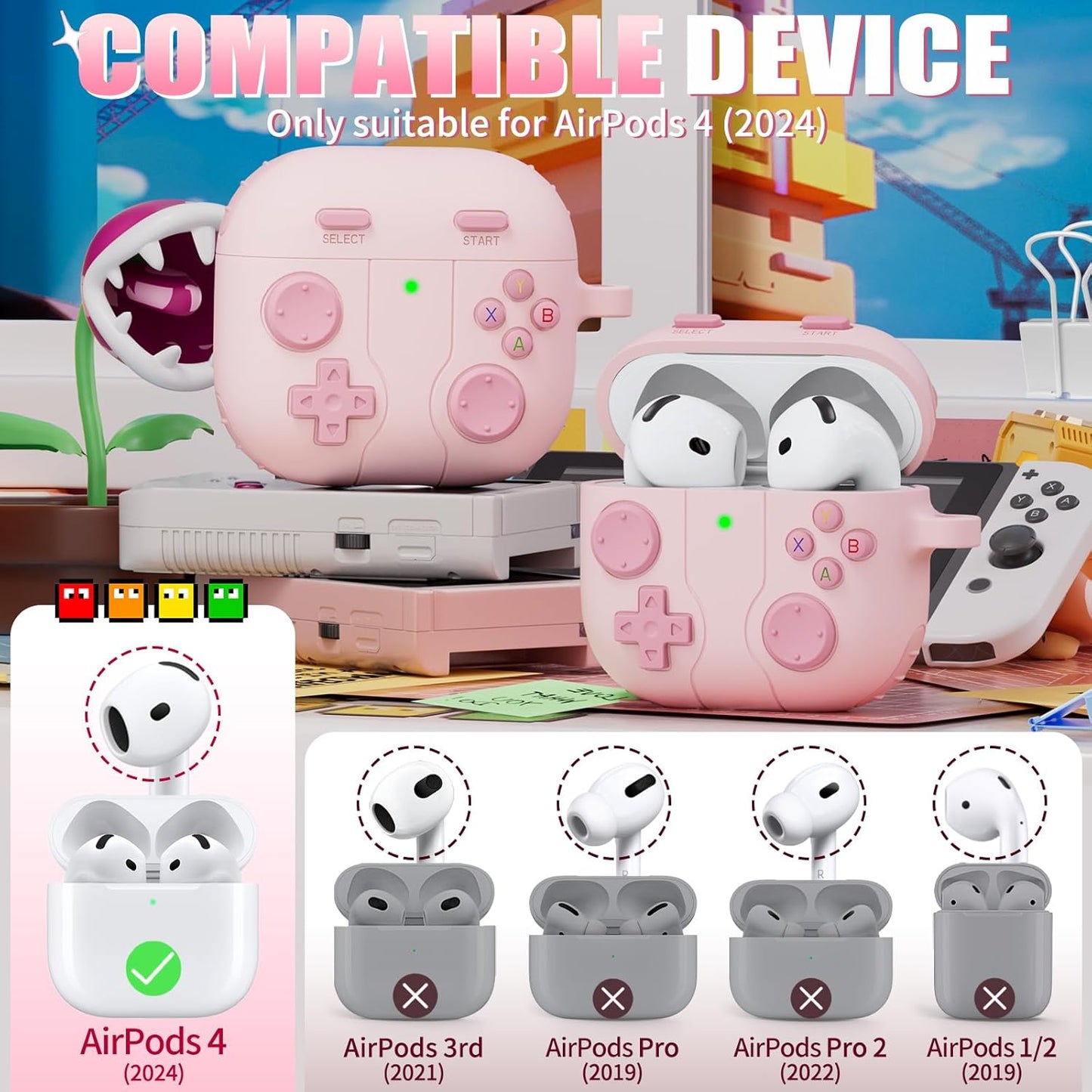 Classic Game Case for Apple Airpod 4, Silicone Funny Airpod Case 4Th Generation for Women Girls, Compatible with Airpods 4 Cover with Cleaning Kit, Air Pod 4 Case with Keychain, Pink
