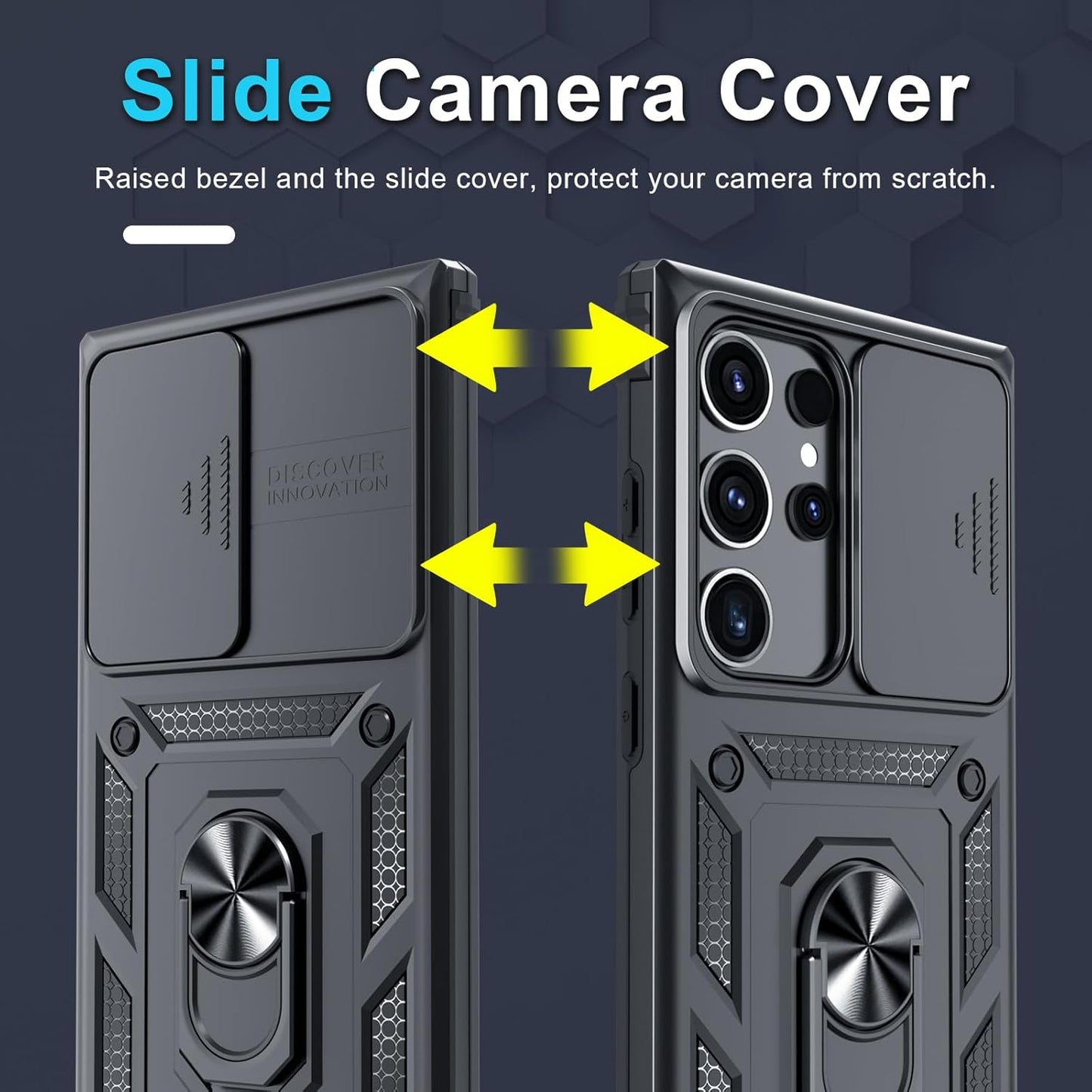 Compatible with Samsung Galaxy S25 Ultra Case Built in Slide Camera Lens Cover+Screen Protector+Finger Ring Holder Kickstand,Heavy Duty Shockproof Full Body Phone Cover,2025 Black