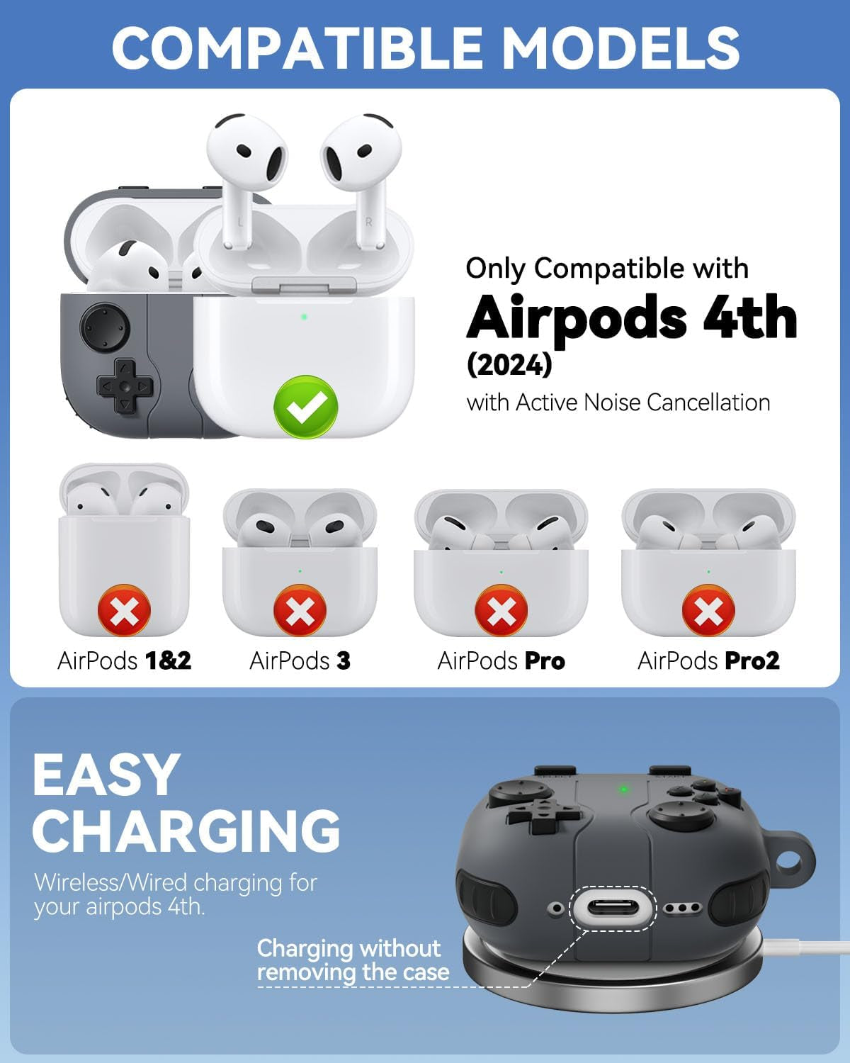 Game Case for Airpods 4 Cover,Classic Cool Funny Shock-Proof Protective Silicone Air Pod 4 Case with Cleaning Kit and Keychain Accessories for Apple Airpods 4Th Generation for Men Boy-Black