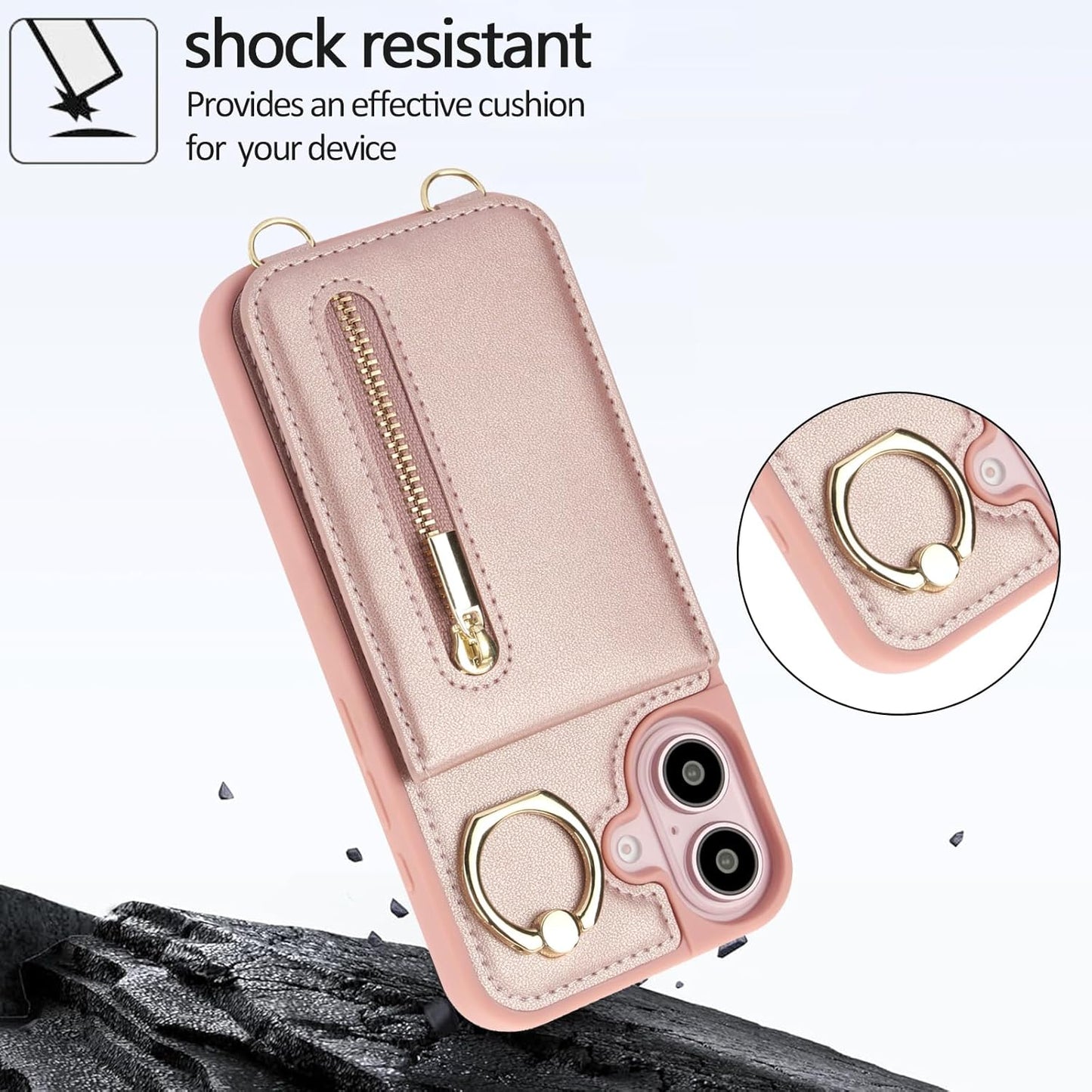Crossbody Wallet Case for Iphone 16 Plus, with Card Slots Zipper Pocket Case, Flip Folio Purse RFID Blocking with Ring Kickstand Detachable Strap-Pink