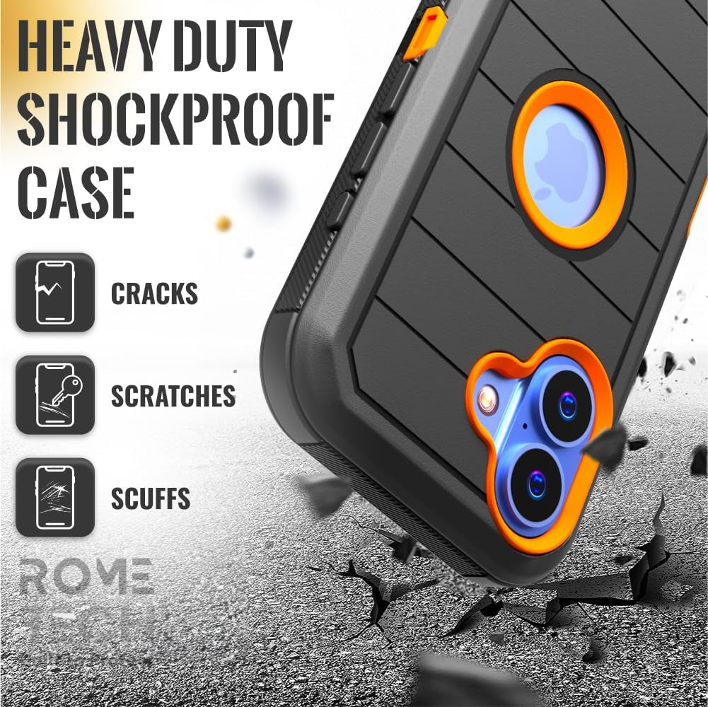 For Iphone 16 Case with Belt Clip Holster & Kickstand, Screenless Protective Dual-Layer Shockproof Iphone 16 Defender Case - Black & Orange
