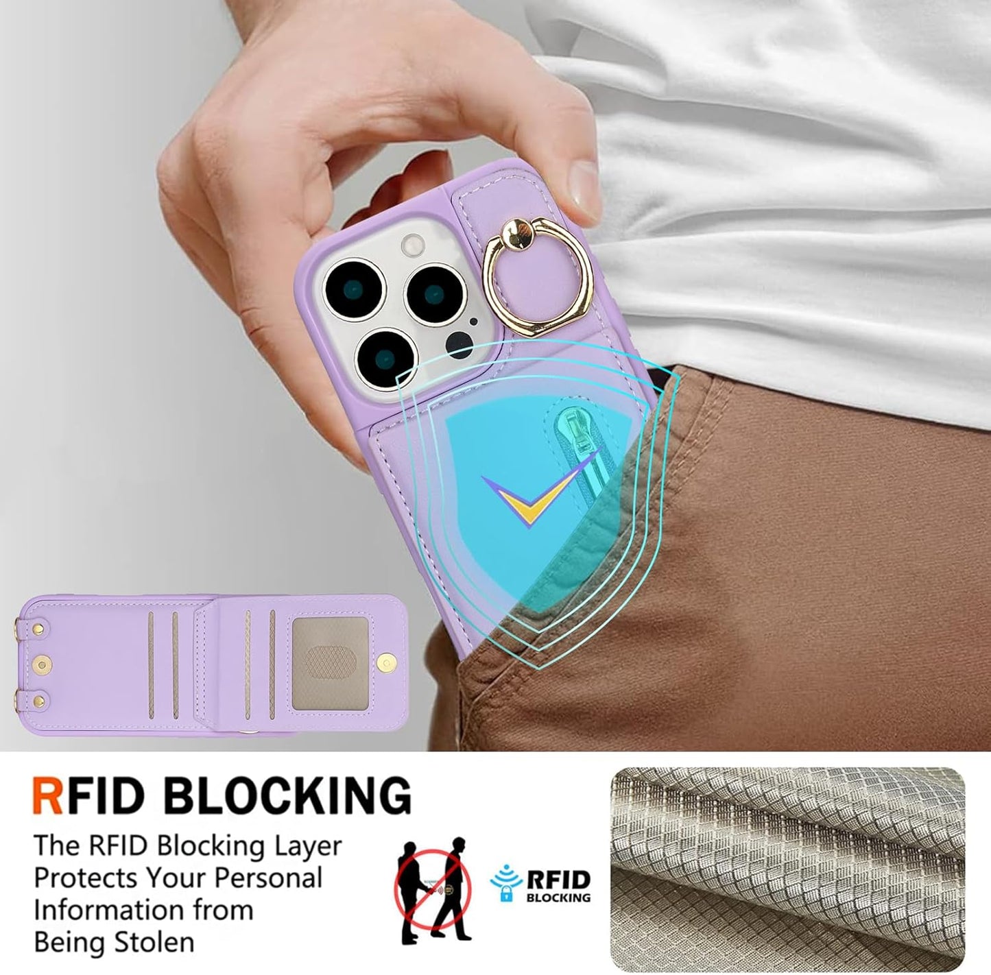 Crossbody Wallet Case for Iphone 16 Pro Max, with Card Slots Zipper Pocket Case, Flip Folio Purse RFID Blocking with Ring Kickstand Detachable Strap-Purple