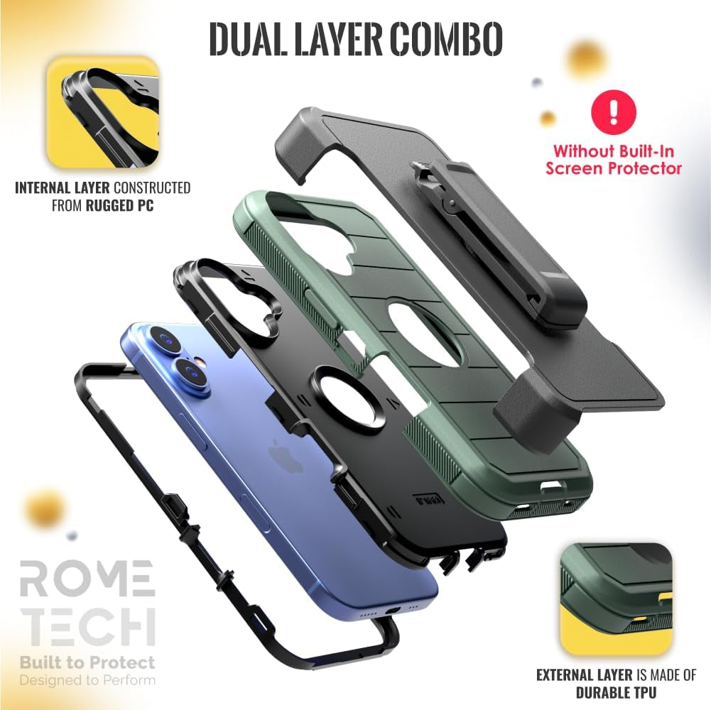 For Iphone 16 Case with Belt Clip Holster & Kickstand, Screenless Protective Dual-Layer Shockproof Iphone 16 Defender Case - Army Green&Black