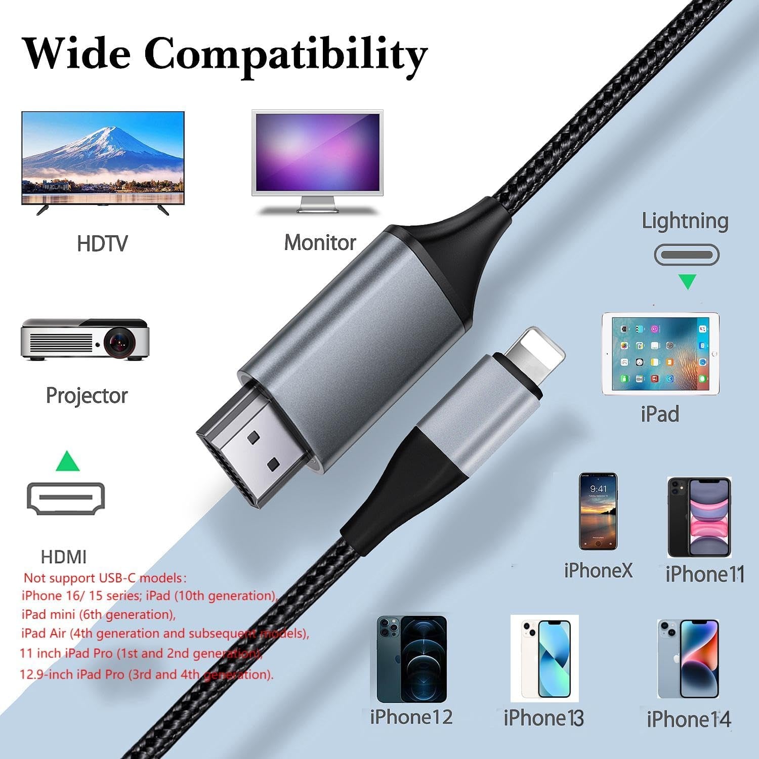 Lightning to HDMI Adapter • HDMI Cable for Iphone to TV • Compatible with Iphone14, 13, 12 & Youtube to TV Output • 1080P HD• Sync Video and Sound • 6.6FT (Not Support Iphone 16/15/ Netflix)