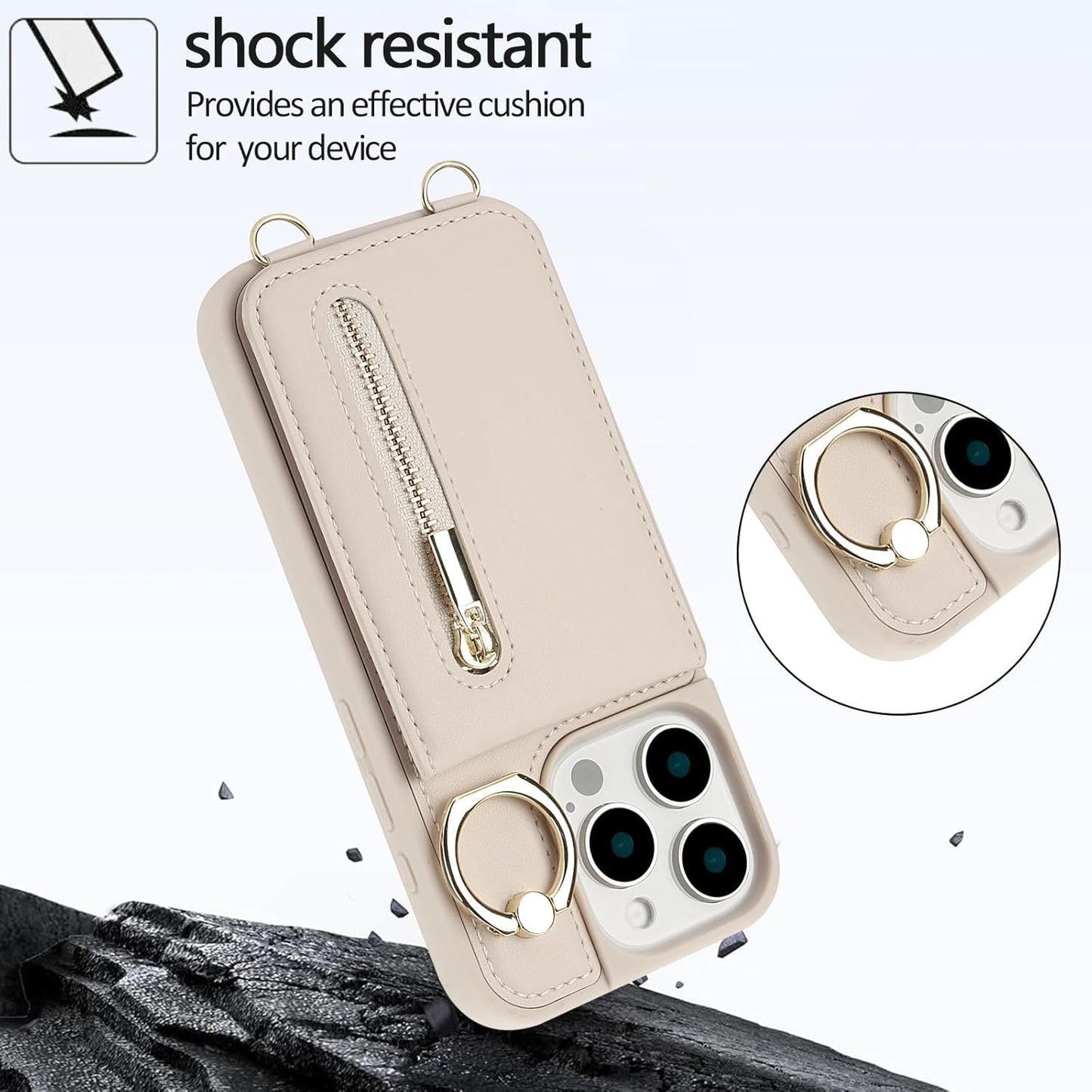 Crossbody Wallet Case for Iphone 16 Pro Max, with Card Slots Zipper Pocket Case, Flip Folio Purse RFID Blocking with Ring Kickstand Detachable Strap-Beige