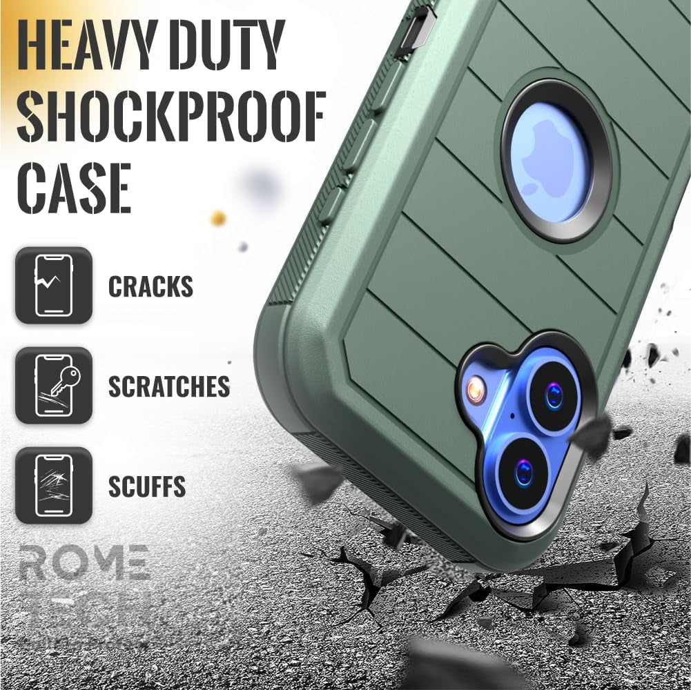 For Iphone 16 Case with Belt Clip Holster & Kickstand, Screenless Protective Dual-Layer Shockproof Iphone 16 Defender Case - Army Green&Black