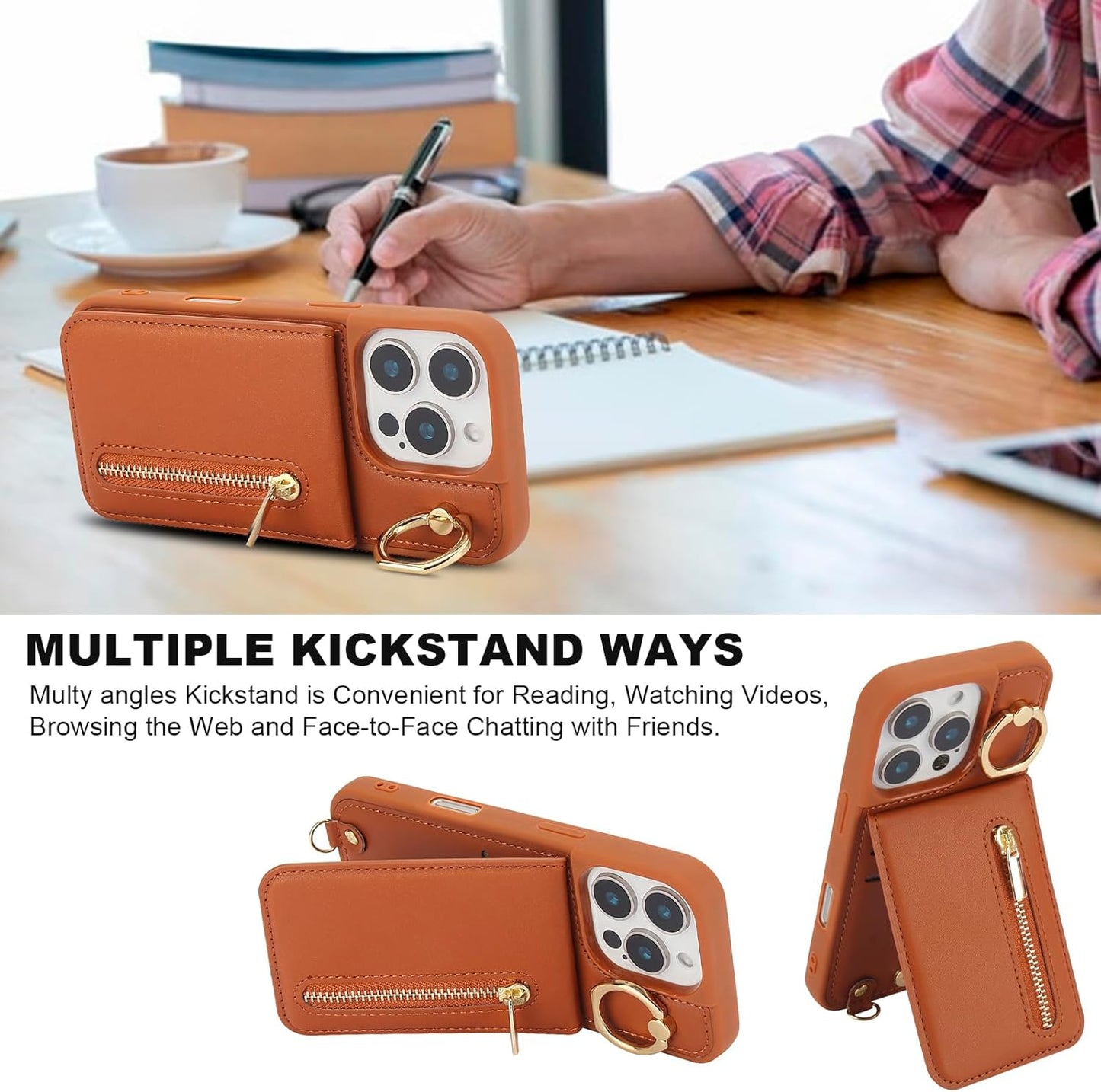 Crossbody Wallet Case for Iphone 16 Pro Max, with Card Slots Zipper Pocket Case, Flip Folio Purse RFID Blocking with Ring Kickstand Detachable Strap-Brown