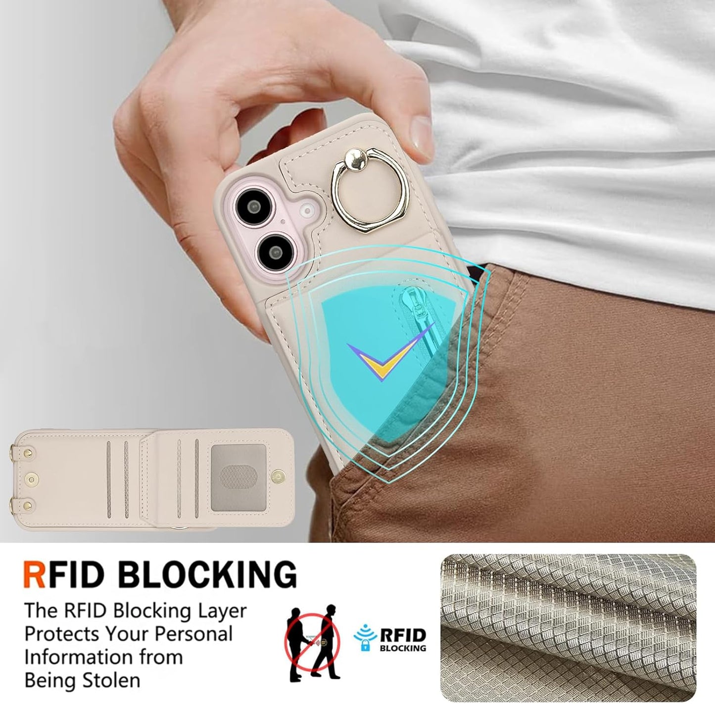Crossbody Wallet Case for Iphone 16 Plus, with Card Slots Zipper Pocket Case, Flip Folio Purse RFID Blocking with Ring Kickstand Detachable Strap-Beige