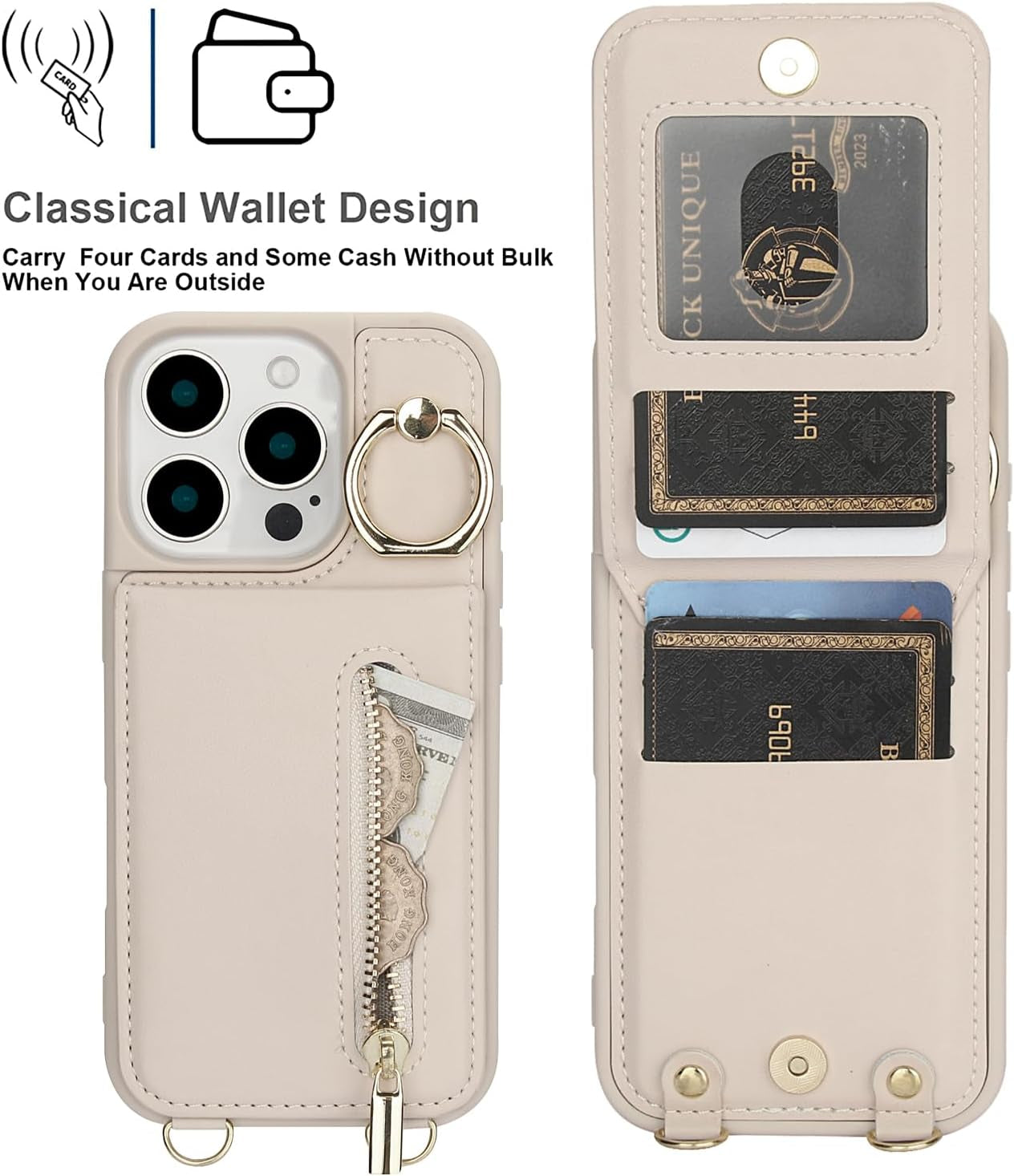 Crossbody Wallet Case for Iphone 16 Pro Max, with Card Slots Zipper Pocket Case, Flip Folio Purse RFID Blocking with Ring Kickstand Detachable Strap-Beige