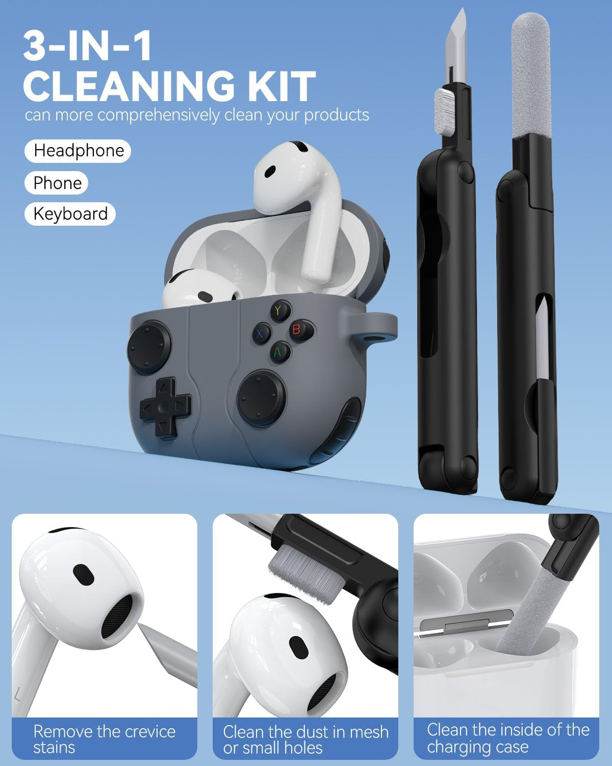 Game Case for Airpods 4 Cover,Classic Cool Funny Shock-Proof Protective Silicone Air Pod 4 Case with Cleaning Kit and Keychain Accessories for Apple Airpods 4Th Generation for Men Boy-Black