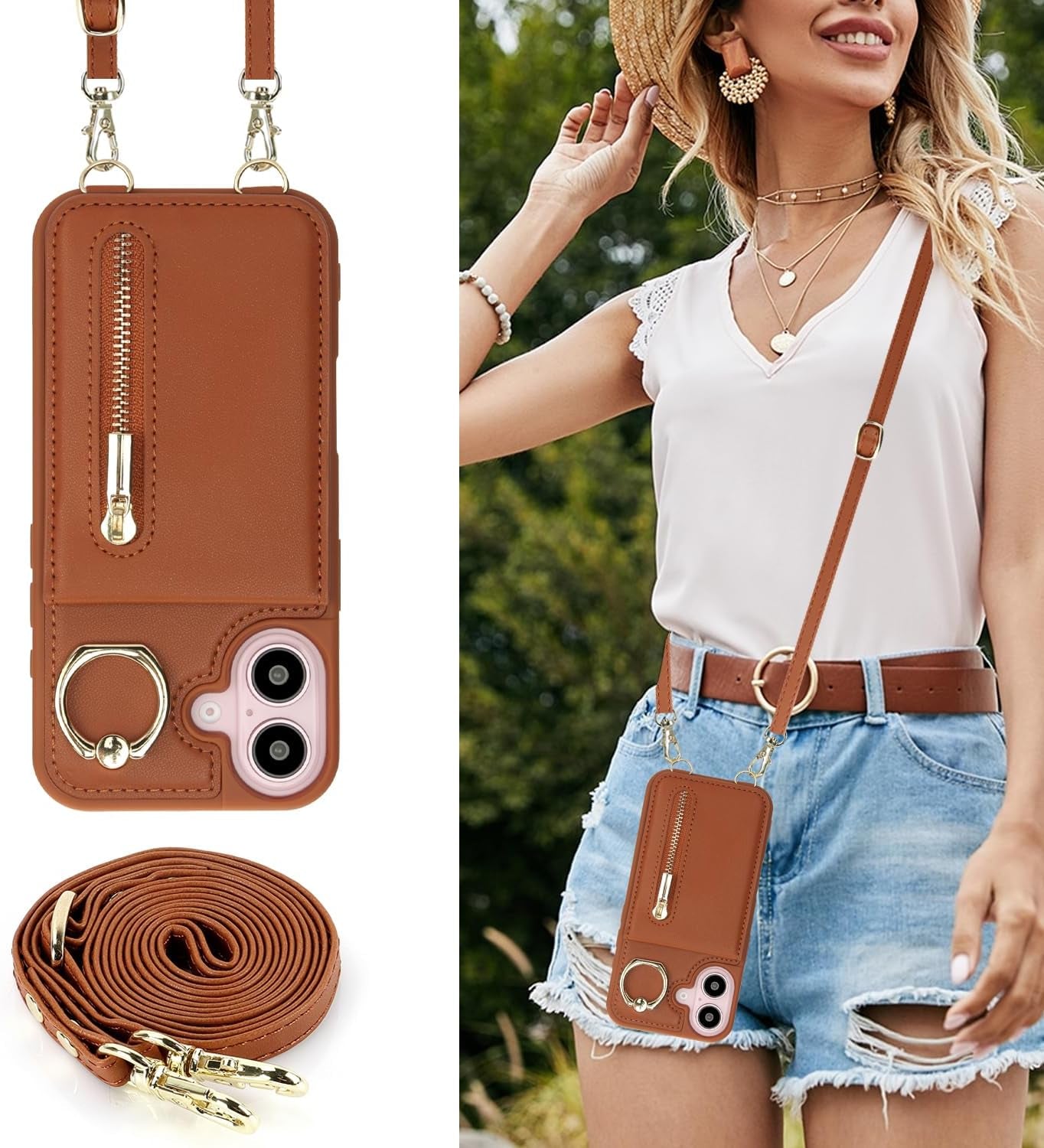 Crossbody Wallet Case for Iphone 16 Plus, with Card Slots Zipper Pocket Case, Flip Folio Purse RFID Blocking with Ring Kickstand Detachable Strap-Brown