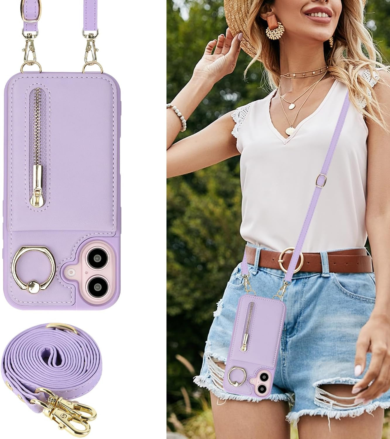 Crossbody Wallet Case for Iphone 16 Plus, with Card Slots Zipper Pocket Case, Flip Folio Purse RFID Blocking with Ring Kickstand Detachable Strap-Purple