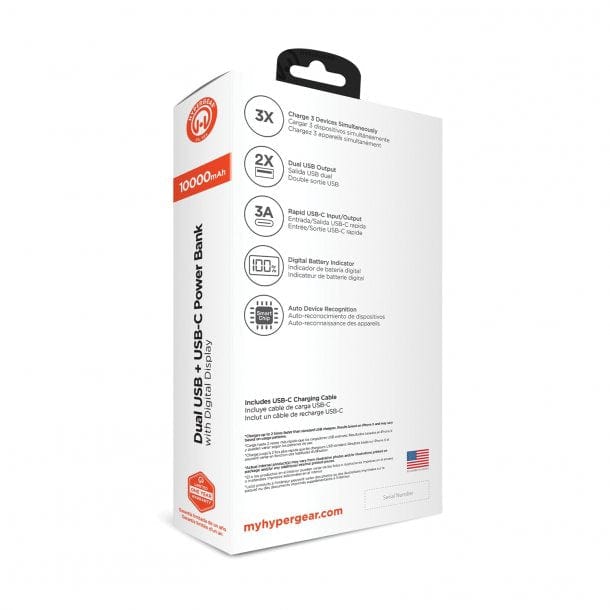 HYPERGEAR 10,000 mAh Dual USB + USB-C™ Power Bank with Digital Battery Indicator