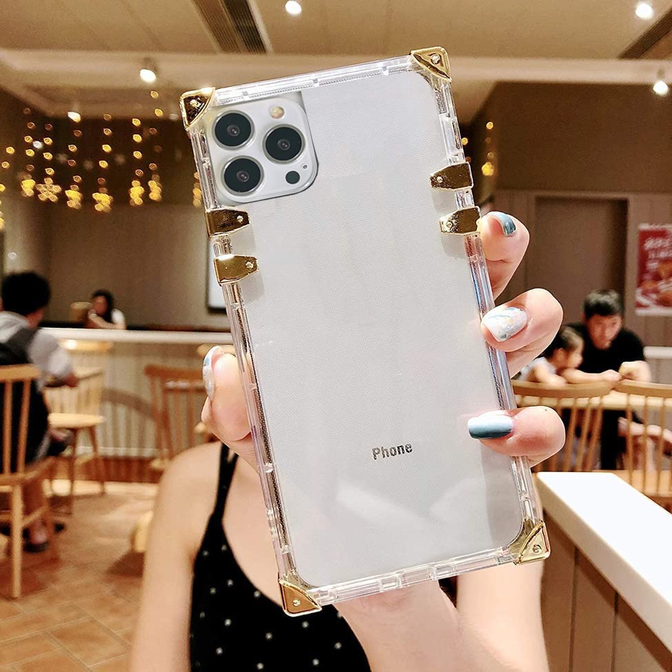 iPhone 13 Transparent Shockproof Gold Square Corner Soft Clear Case