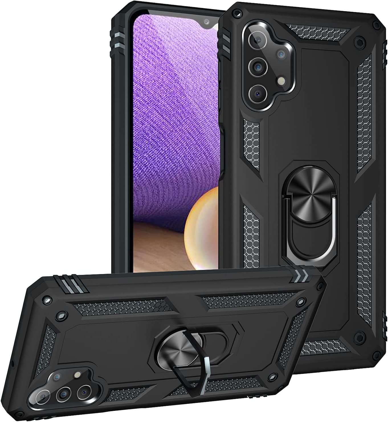 Samsung Galaxy A32 Military Armor Dual Heavy-Duty Shockproof Ring Holder Case (Black)