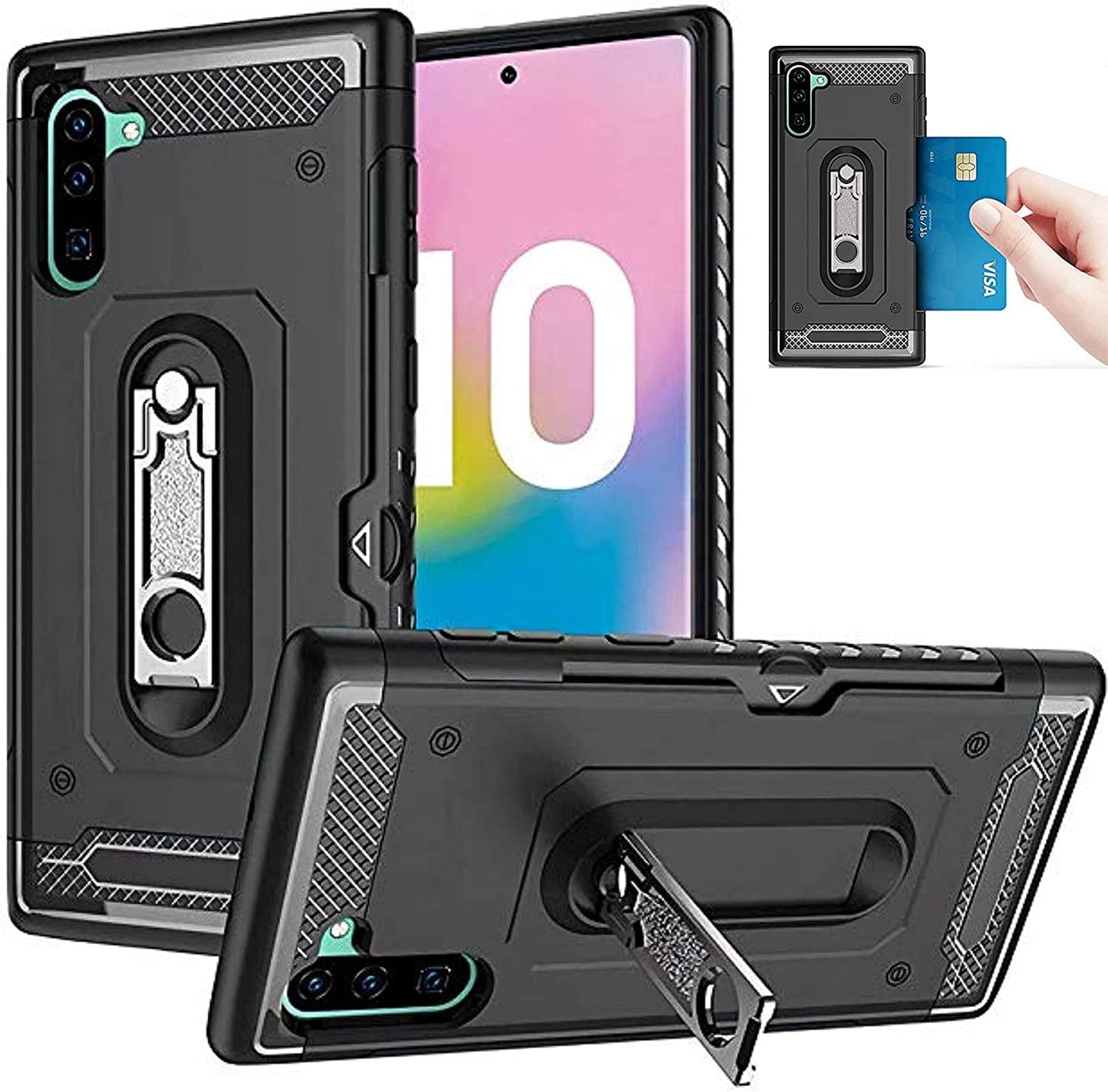 Samsung Galaxy Note 10 Military Armor Dual Heavy-Duty Shockproof Ring Holder W/ Credit Card Holder Case (Black) - The Accessories Place