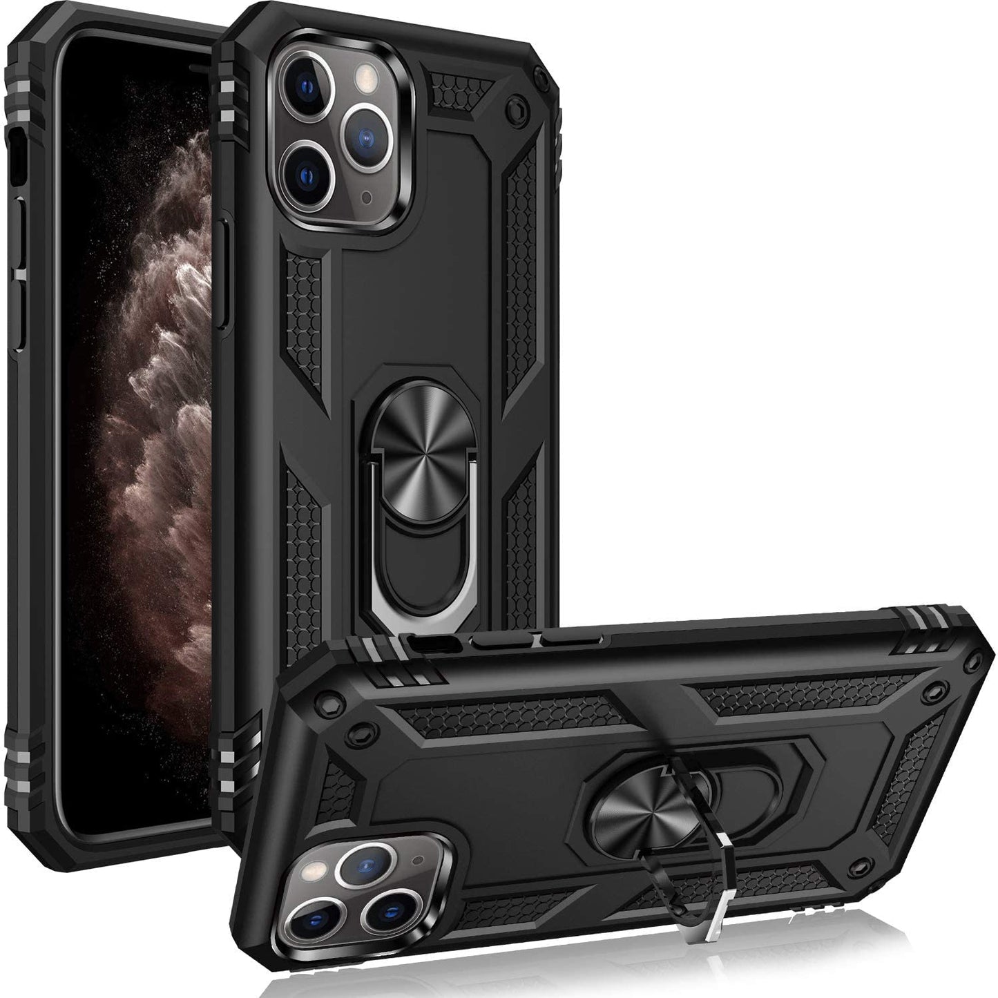 iPhone 11 Pro Max Military Armor Dual Heavy-Duty Shockproof Ring Holder Case (Black) - The Accessories Place
