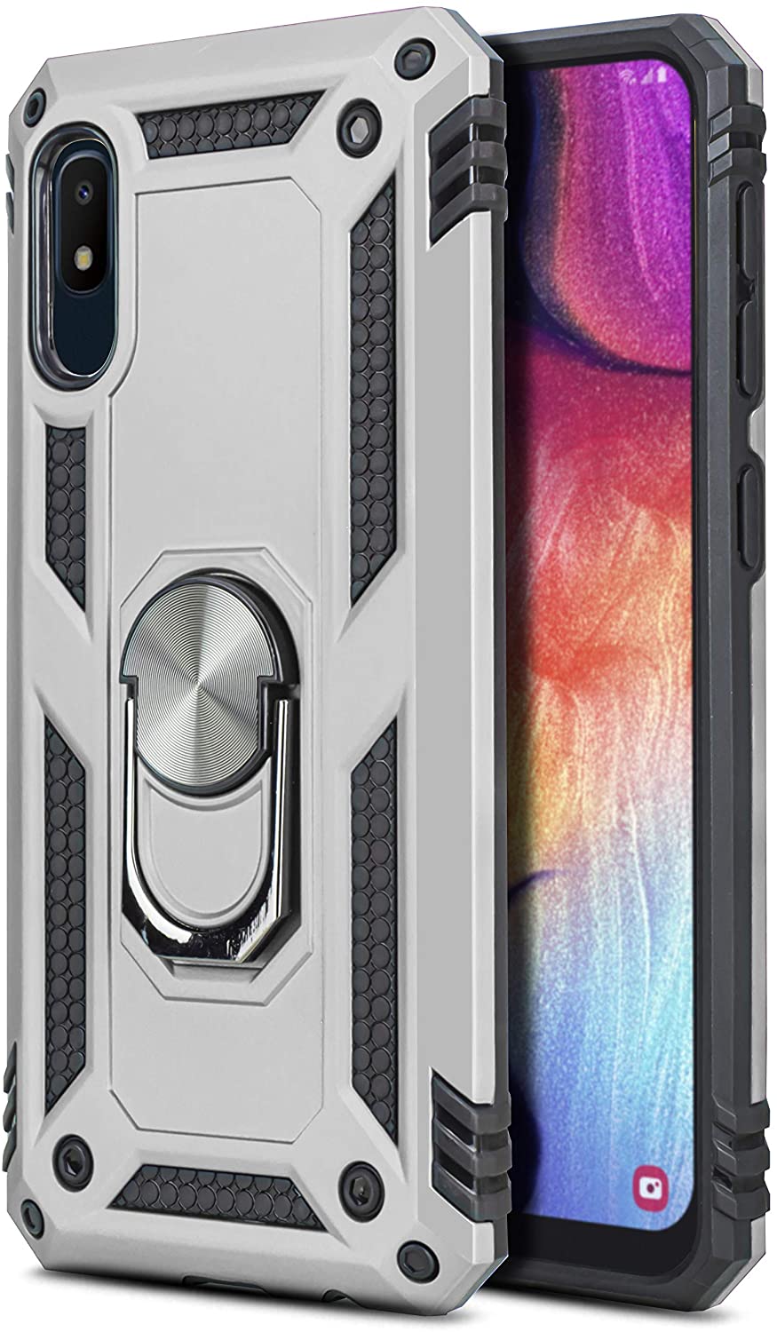 Samsung Galaxy A10E Military Armor Dual Heavy-Duty Shockproof Ring Holder Case (Silver)