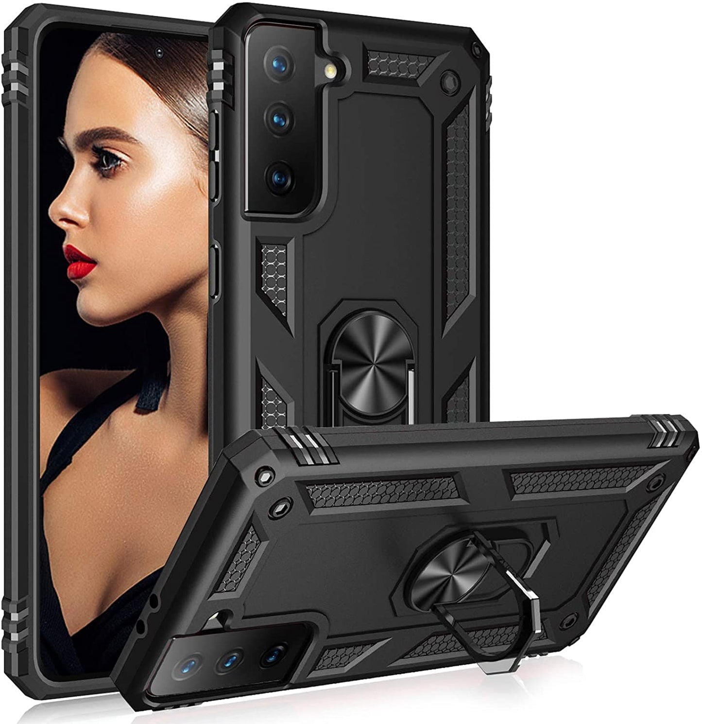 Samsung Galaxy S21+ Plus Military Armor Dual Heavy-Duty Shockproof Ring Holder Case (Black)