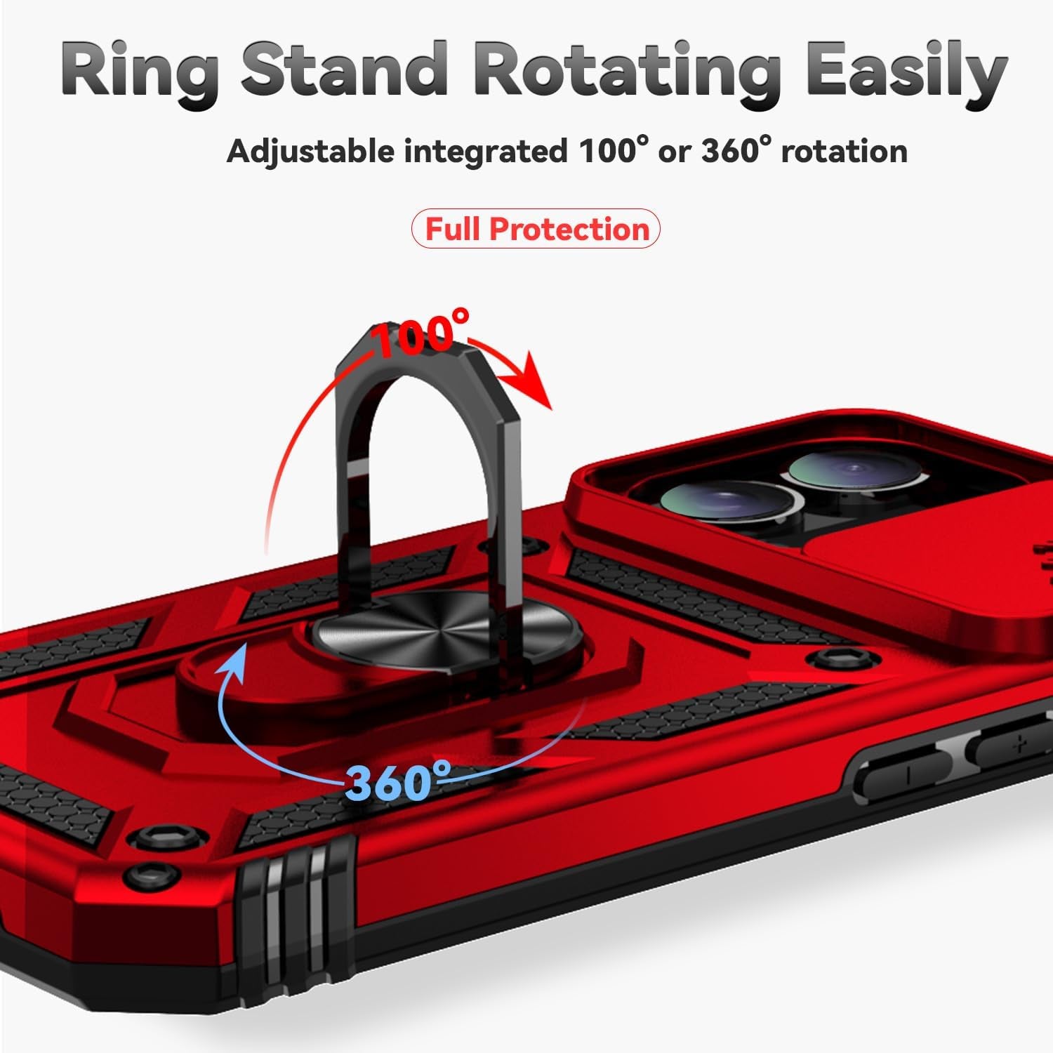 Phone Case for Iphone 16 Case with HD Screen Protector & Slide Camera Cover & Rotated Ring Kickstand, [Military-Grade] Phone Case for Iphone 16 6.1", Red