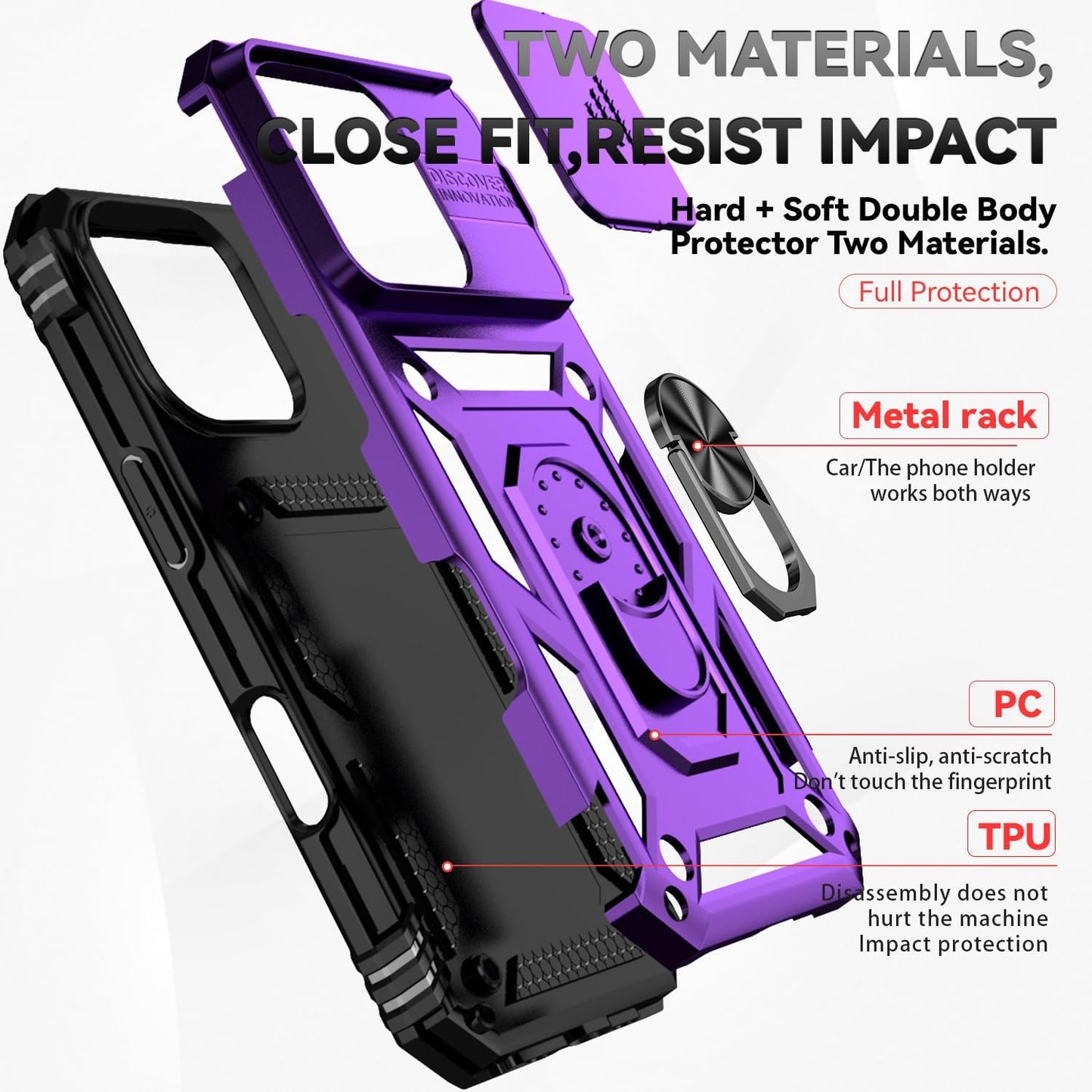 Case for Iphone 16 Pro Case with HD Screen Protector & Slide Camera Cover & Rotated Ring Kickstand, [Military-Grade] Phone Case for Iphone 16 Pro 6.3", Purple