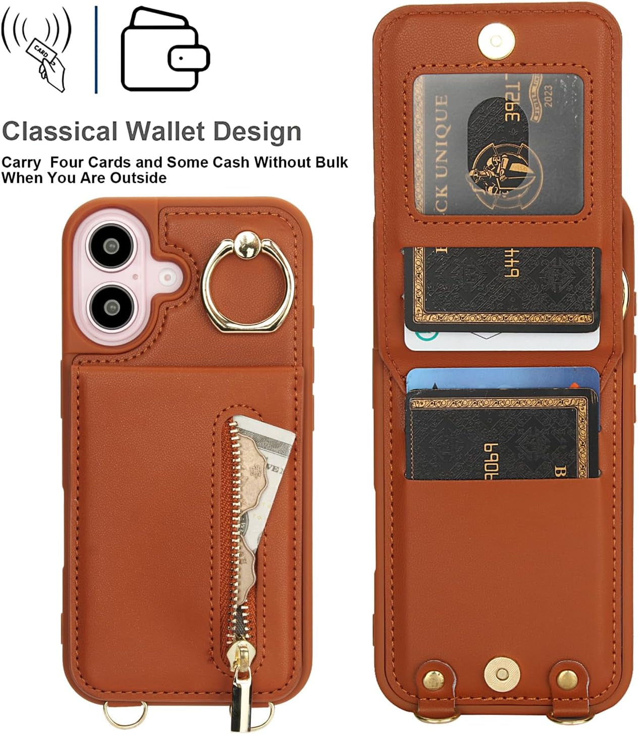 Crossbody Wallet Case for Iphone 16 Plus, with Card Slots Zipper Pocket Case, Flip Folio Purse RFID Blocking with Ring Kickstand Detachable Strap-Brown