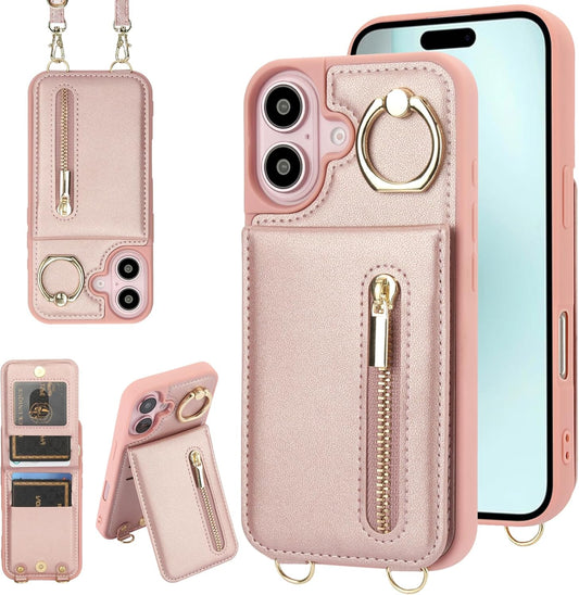Crossbody Wallet Case for Iphone 16 Plus, with Card Slots Zipper Pocket Case, Flip Folio Purse RFID Blocking with Ring Kickstand Detachable Strap-Pink