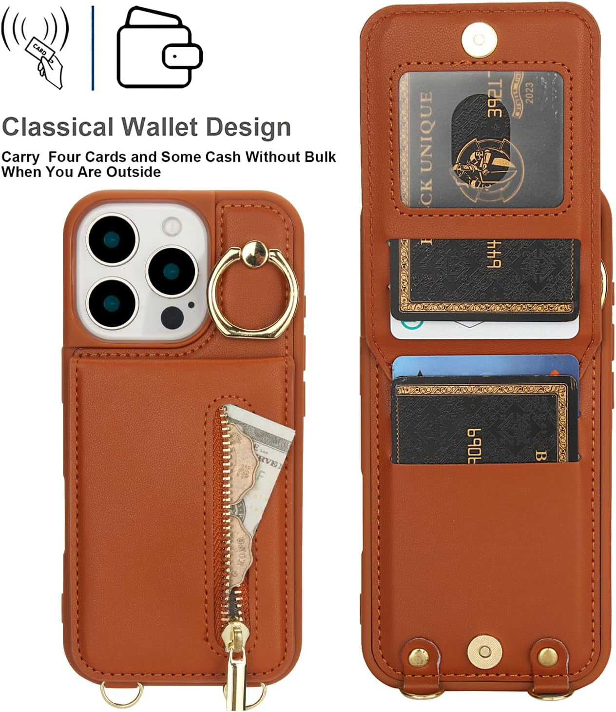 Crossbody Wallet Case for Iphone 16 Pro Max, with Card Slots Zipper Pocket Case, Flip Folio Purse RFID Blocking with Ring Kickstand Detachable Strap-Brown
