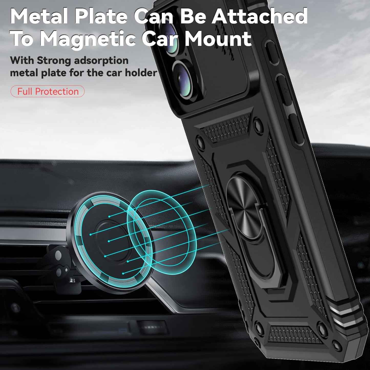 Phone Case for Iphone 16 Case with HD Screen Protector & Slide Camera Cover & Rotated Ring Kickstand, [Military-Grade] Phone Case for Iphone 16 6.1", Black
