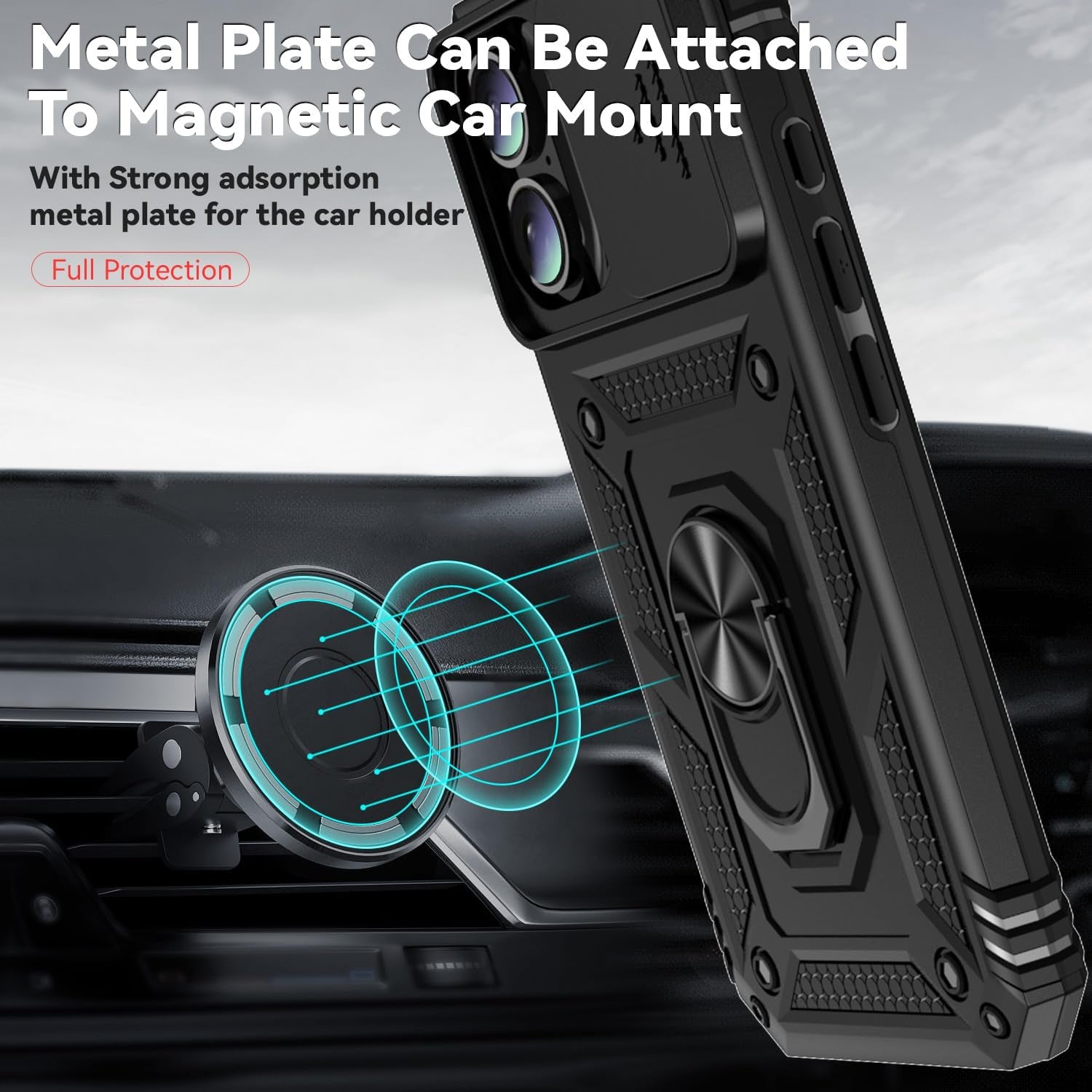 Phone Case for Iphone 16 Case with HD Screen Protector & Slide Camera Cover & Rotated Ring Kickstand, [Military-Grade] Phone Case for Iphone 16 6.1", Black