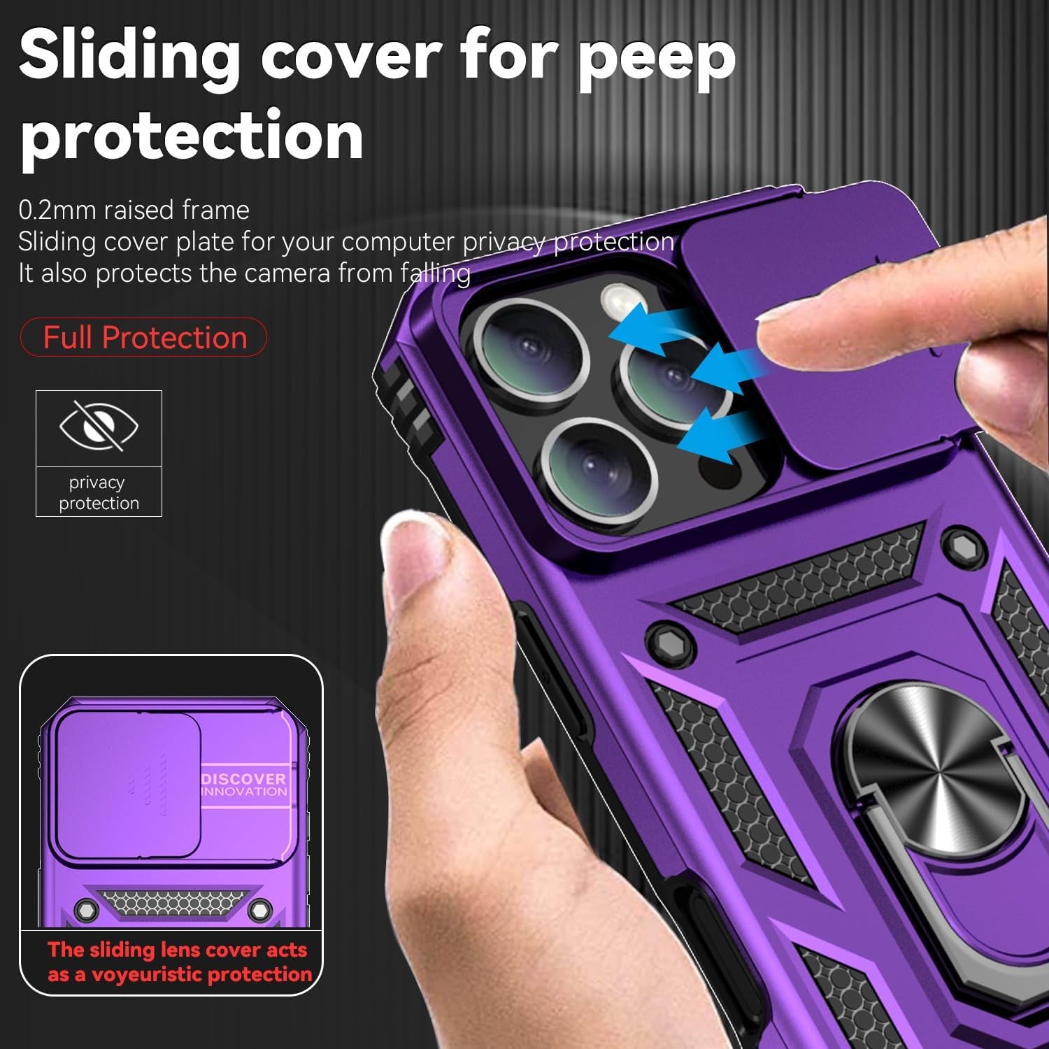 Case for Iphone 16 Pro Case with HD Screen Protector & Slide Camera Cover & Rotated Ring Kickstand, [Military-Grade] Phone Case for Iphone 16 Pro 6.3", Purple