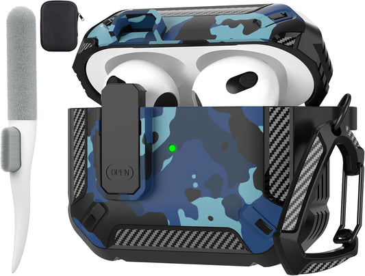 for Airpods 3Rd Generation Case, Airpods 3 Case Cover with Lock Airpod3 Generation Protective Cases Gen 3 Shockproof Cover with Keychain Compatible with Apple Airpod 3Rd Generation, Blue Camo