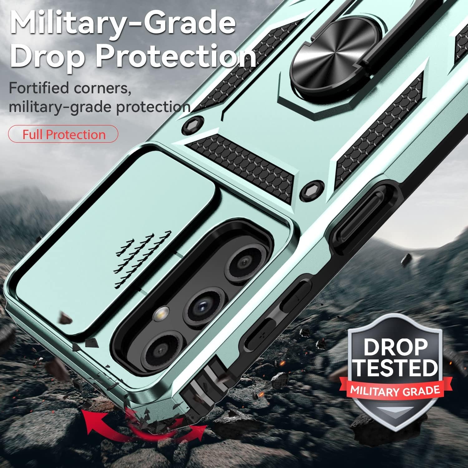 Phone Case for Samsung Galaxy A14 5G Case with HD Screen Protector & Slide Camera Cover & Rotated Ring Kickstand, [Military-Grade] Phone Case for Galaxy A14 5G,Green