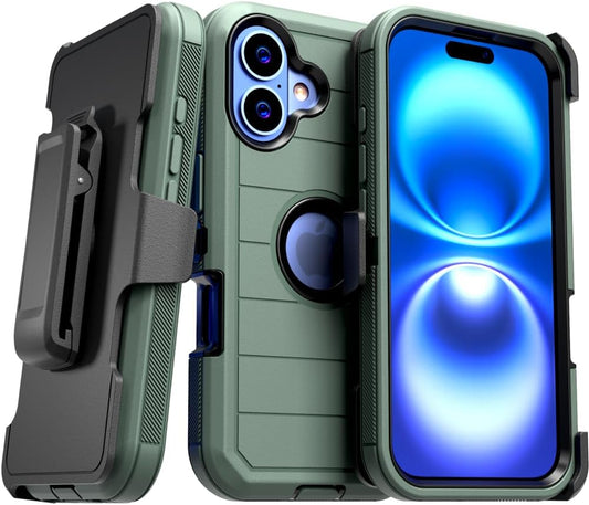 For Iphone 16 Case with Belt Clip Holster & Kickstand, Screenless Protective Dual-Layer Shockproof Iphone 16 Defender Case - Army Green&Black
