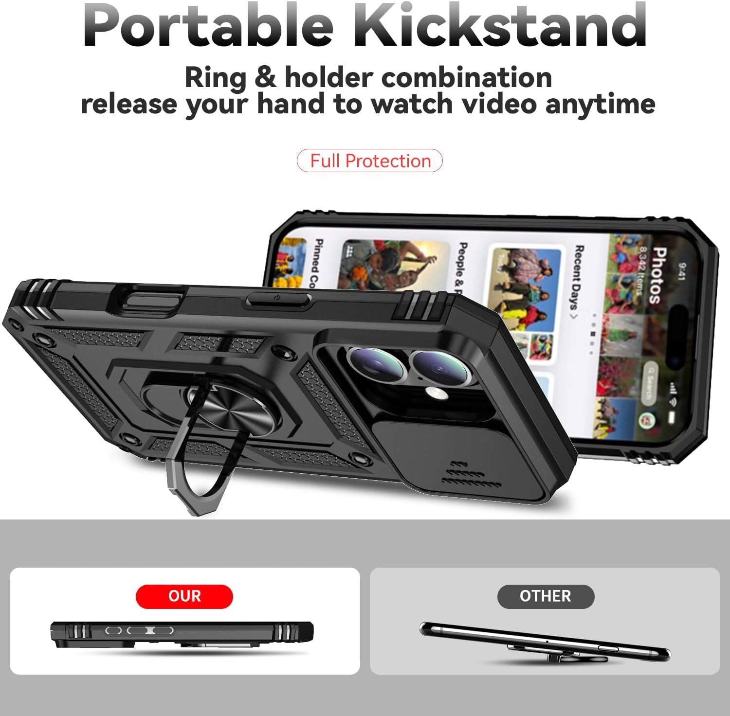 Phone Case for Iphone 16 Case with HD Screen Protector & Slide Camera Cover & Rotated Ring Kickstand, [Military-Grade] Phone Case for Iphone 16 6.1", Black