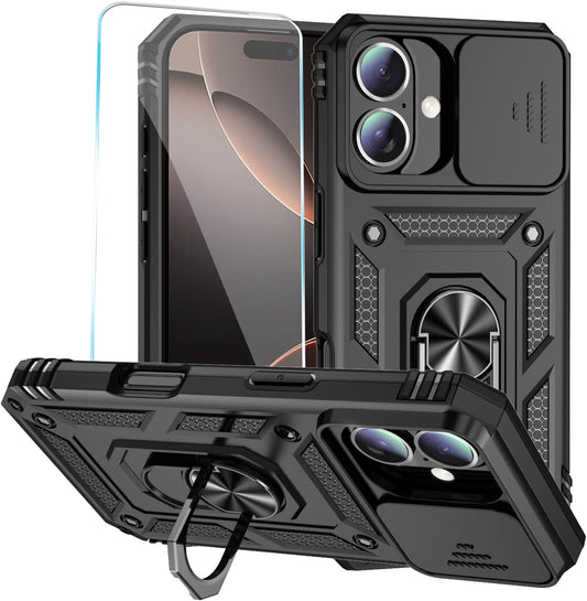 Phone Case for Iphone 16 Case with HD Screen Protector & Slide Camera Cover & Rotated Ring Kickstand, [Military-Grade] Phone Case for Iphone 16 6.1", Black