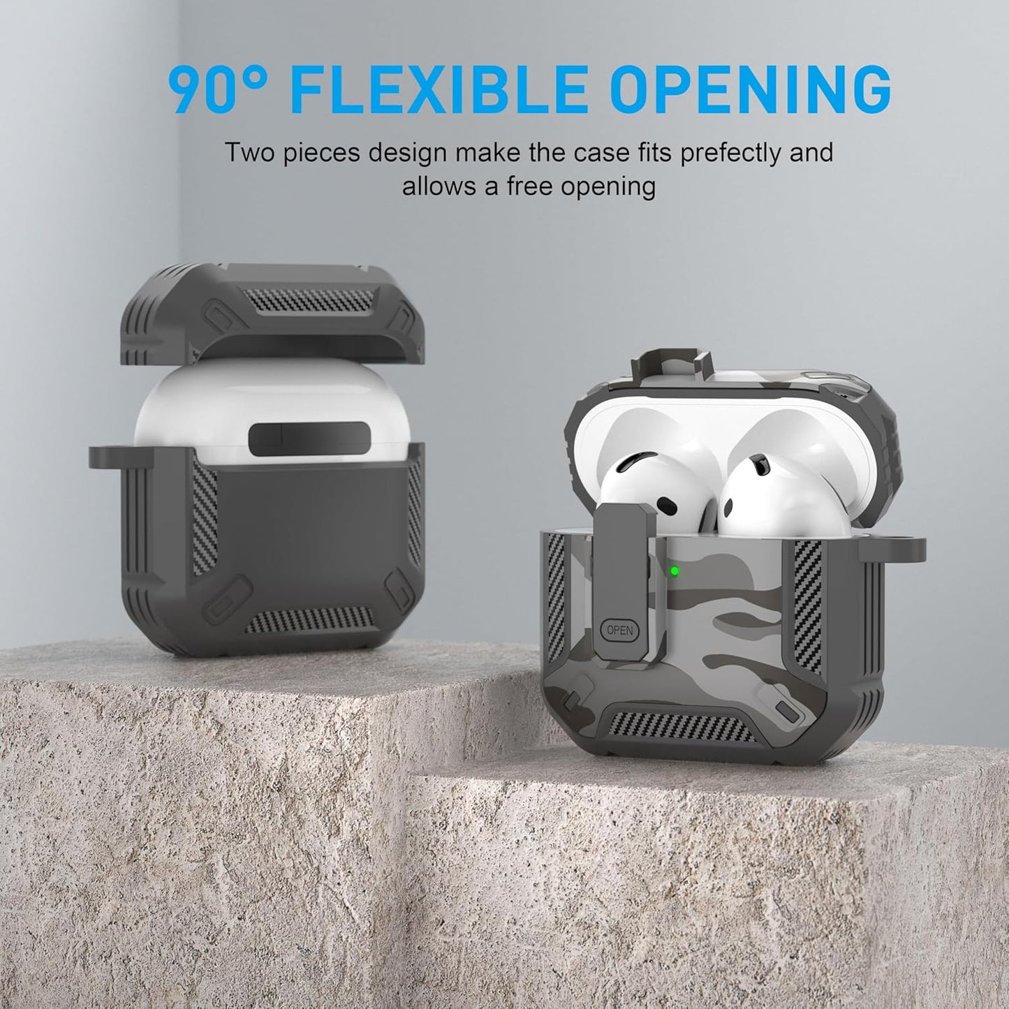 for Airpods 4 Case with Lock, Airpods 4Th Generation Case Cover with Cleaner Kit Shockproof Airpod Gen 4 Protective Cases with Keychain Compatible with Apple Airpods4 2024 2025, Grey Camo