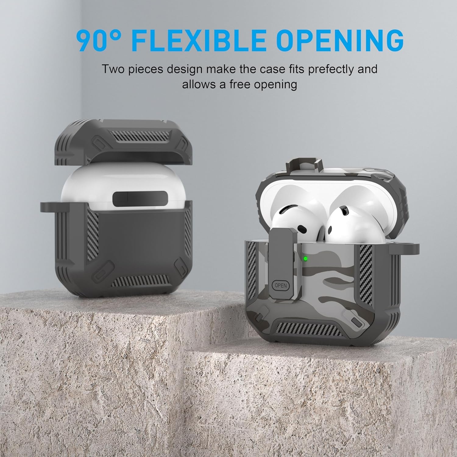 for Airpods 4 Case with Lock, Airpods 4Th Generation Case Cover with Cleaner Kit Shockproof Airpod Gen 4 Protective Cases with Keychain Compatible with Apple Airpods4 2024 2025, Grey Camo