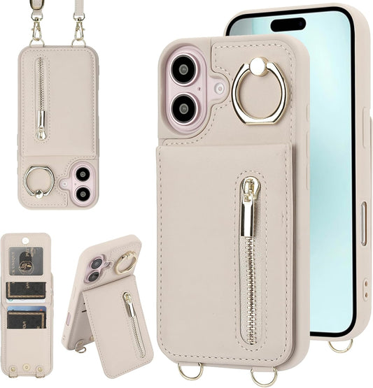 Crossbody Wallet Case for Iphone 16 Plus, with Card Slots Zipper Pocket Case, Flip Folio Purse RFID Blocking with Ring Kickstand Detachable Strap-Beige