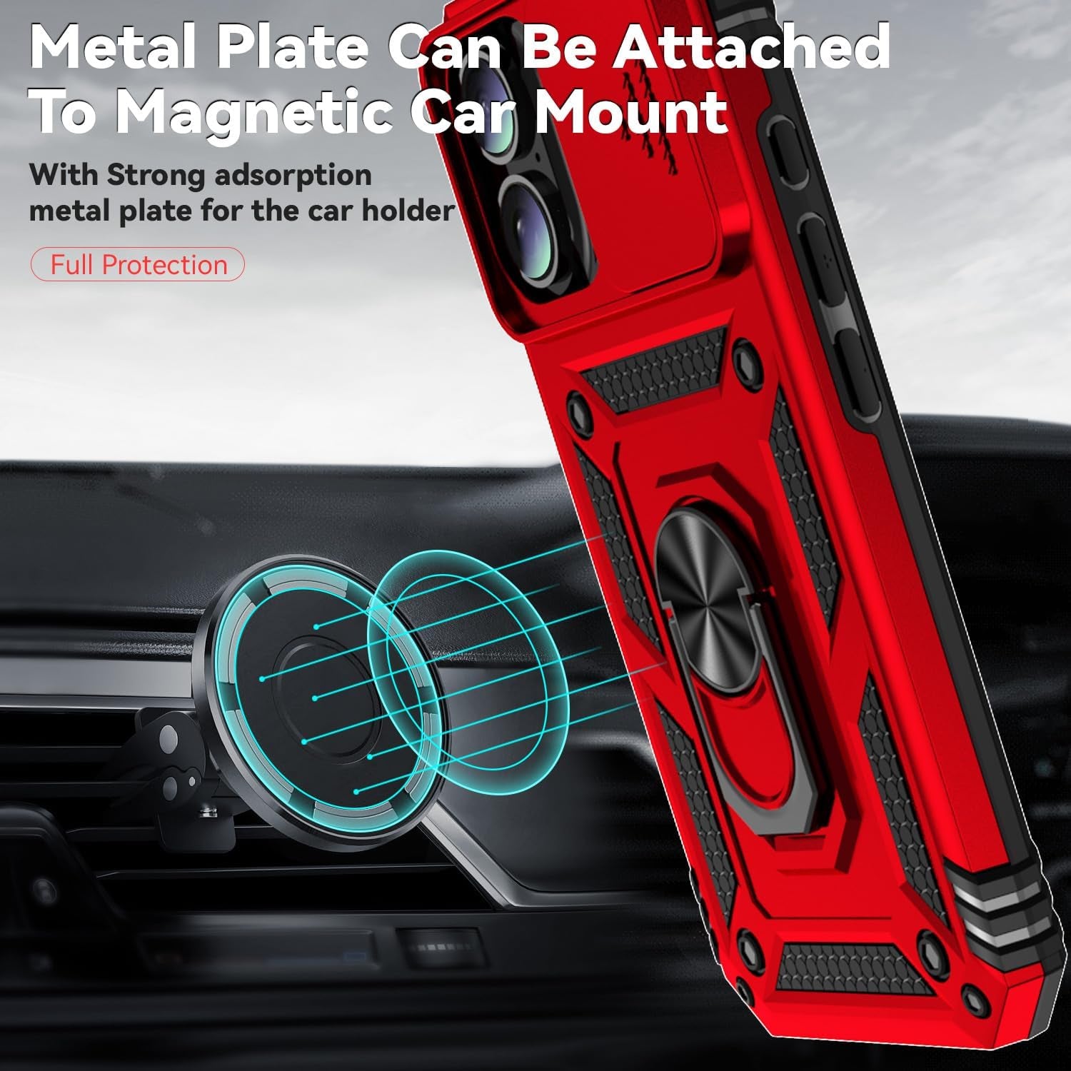 Phone Case for Iphone 16 Case with HD Screen Protector & Slide Camera Cover & Rotated Ring Kickstand, [Military-Grade] Phone Case for Iphone 16 6.1", Red